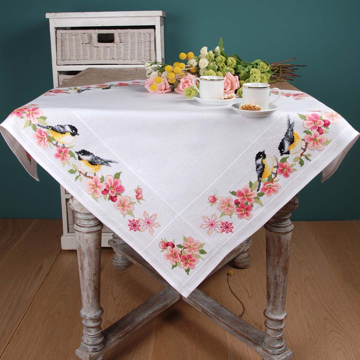 Vervaco  Birds &#x26; Blossoms Tablecloth Counted Cross-Stitch Kit