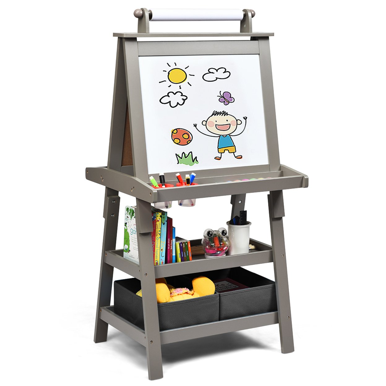 3 In 1 Double-Sided Storage Art Easel W/ Paint Cups For Kids Writing Earl