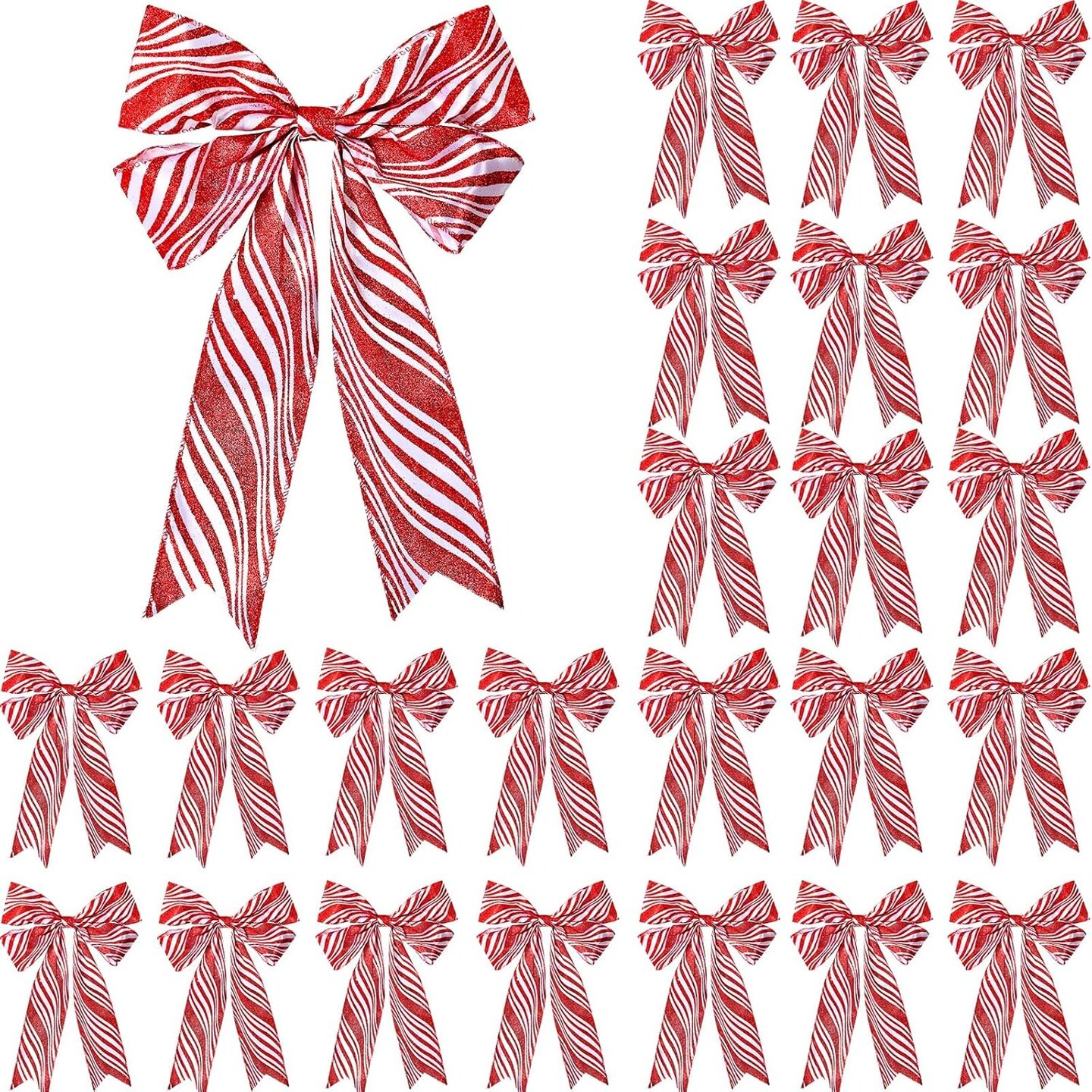 24 Pcs Christmas Bows for Xmas Tree Christmas Wreath Bow Large Decorative Bow Ribbon Bow for Gift Indoor Outdoor Home and Party Holiday Decorations(Red and White,Striped)