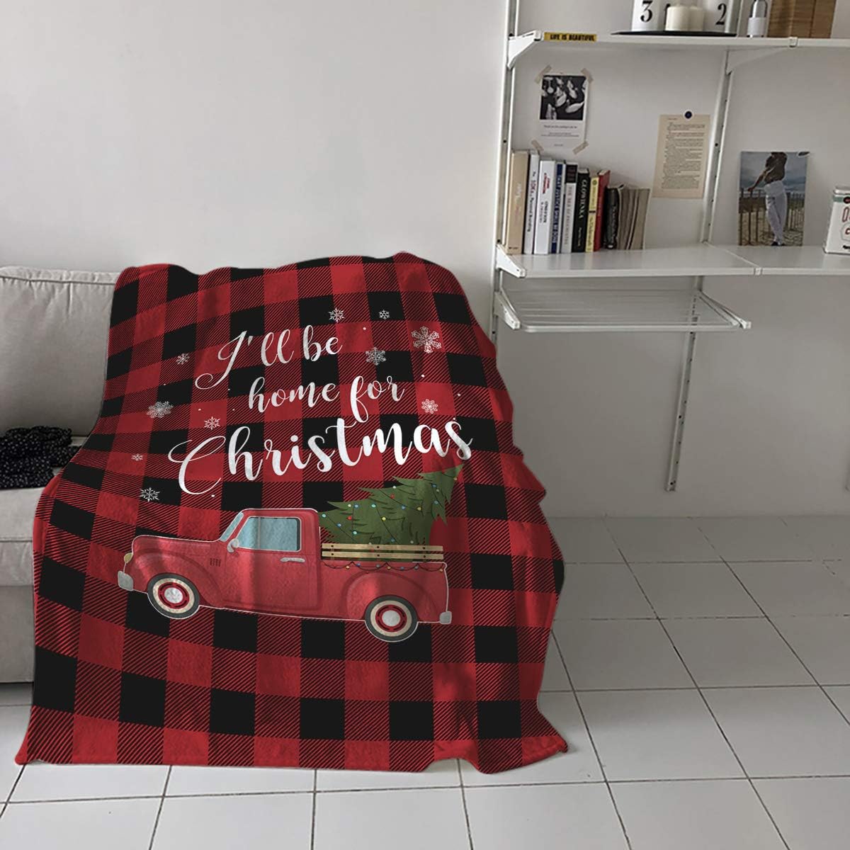Christmas Truck Soft Fleece Throw Blankets for Couch, Xmas Tree Buffalo Plaid Microfiber Bed Blanket, Farmhouse Snowflake Check Christmas Throws, 40x50inch Flannel Blanket Cover for Sofa Travel