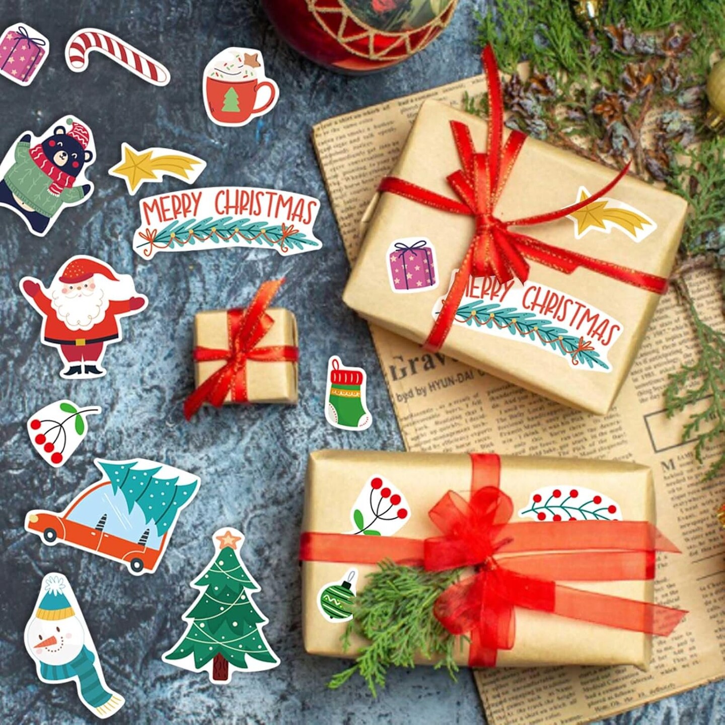 16 Sheets Christmas Theme Stickers, Merry Christmas Stickers Non-Repeating, Xmas Winter Holiday Party Stickers