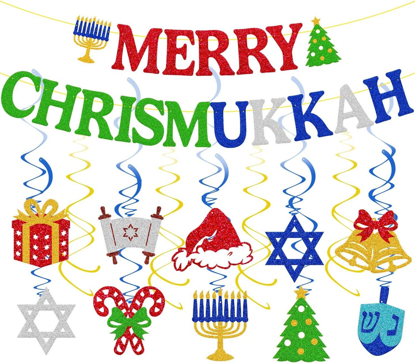 Merry Chrismukkah Banner Merry Chrismukkah Party Decorations Christmas &#x26; Hanukkah Theme Hanging Swirls Merry Christmas Happy Hanukkah Party Decor Chanukah Festival Holiday Party Supplies