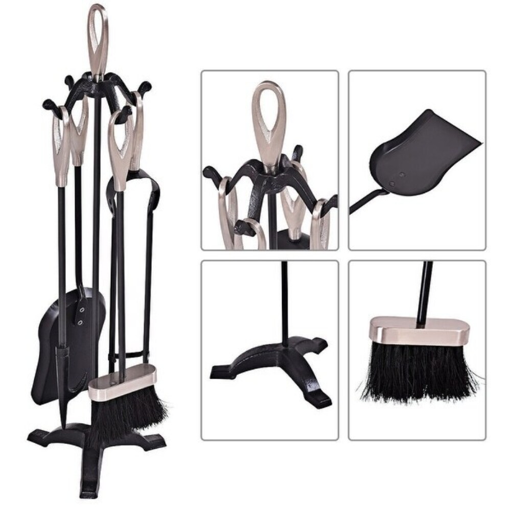 5 Piece Stylish Silver Iron Fireplace Tools Set