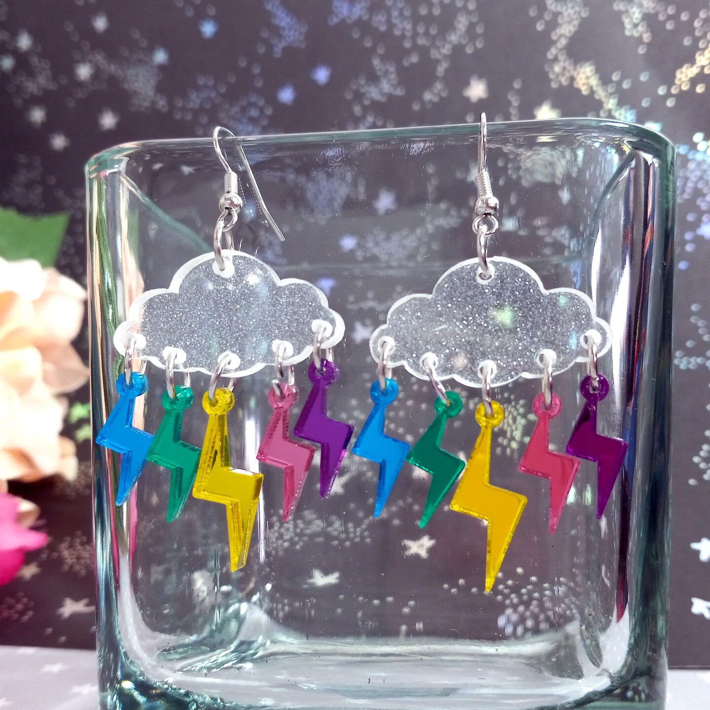 Lightning Bolt Rain Cloud Dangle Earrings, Glows in Black Light, Raindrops Weather Rave Jewelry, White Cloud Statement Earrings product 6