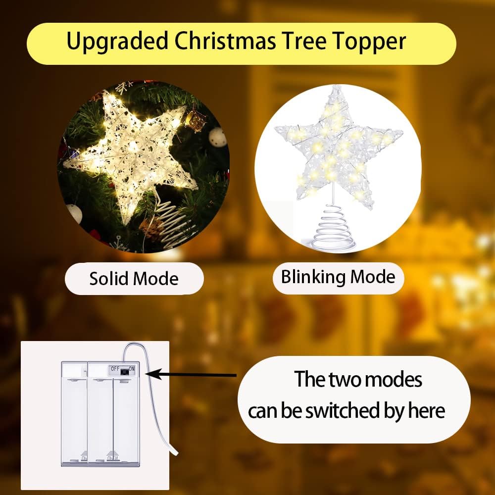 Christmas Tree Topper 20 LED Lights Star Two Modes:Solid and Blinking Christmas Decoration Christmas Tree Ornaments for 3-10 Feet Christmas Tree