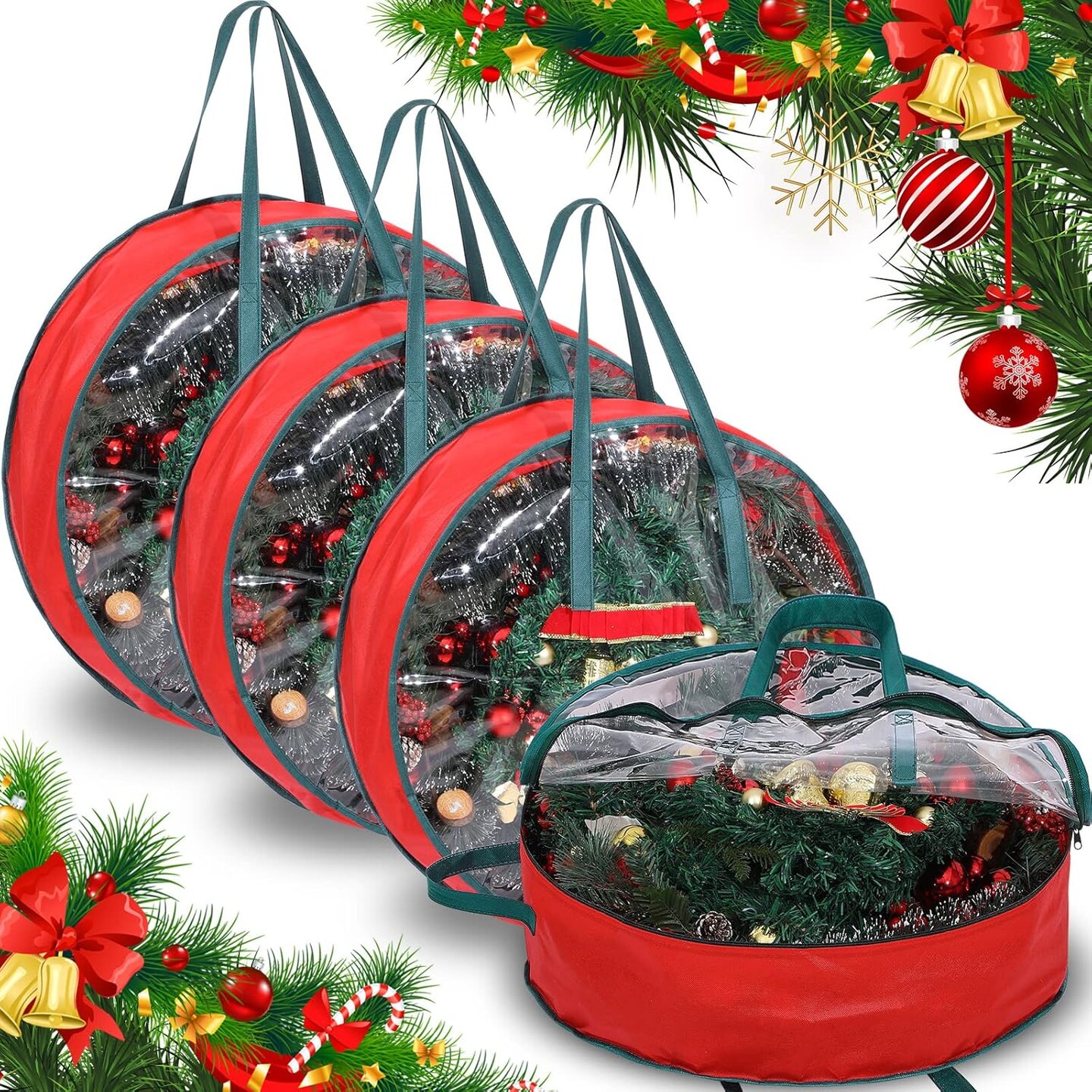 4 Pcs Christmas Wreath Storage Bag Clear Wreath Box Wreath Storage Containers with Clear Window and Handle Christmas Garland Storage Containers for Xmas Holiday Seasonal Storage (24 Inch)