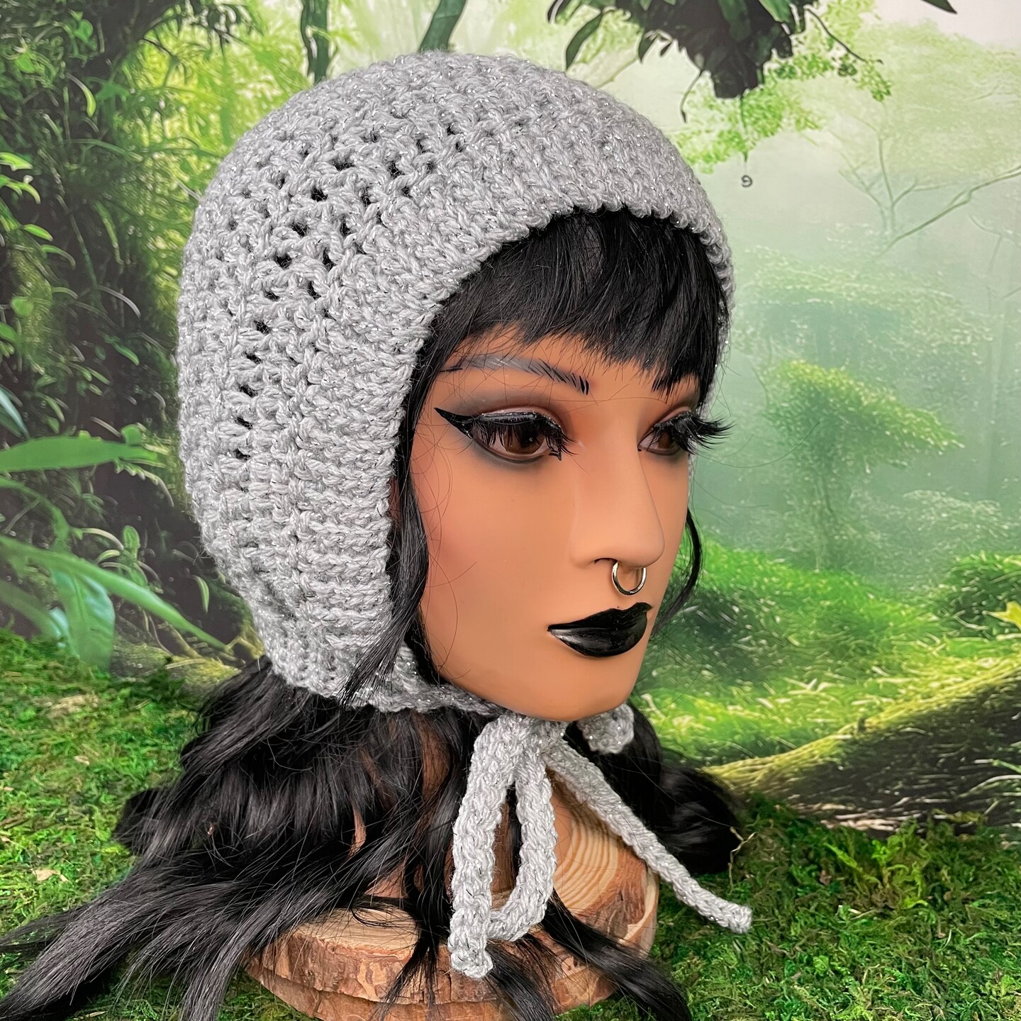 Crochet Adult Bonnet sparkle metallic silver gray hat