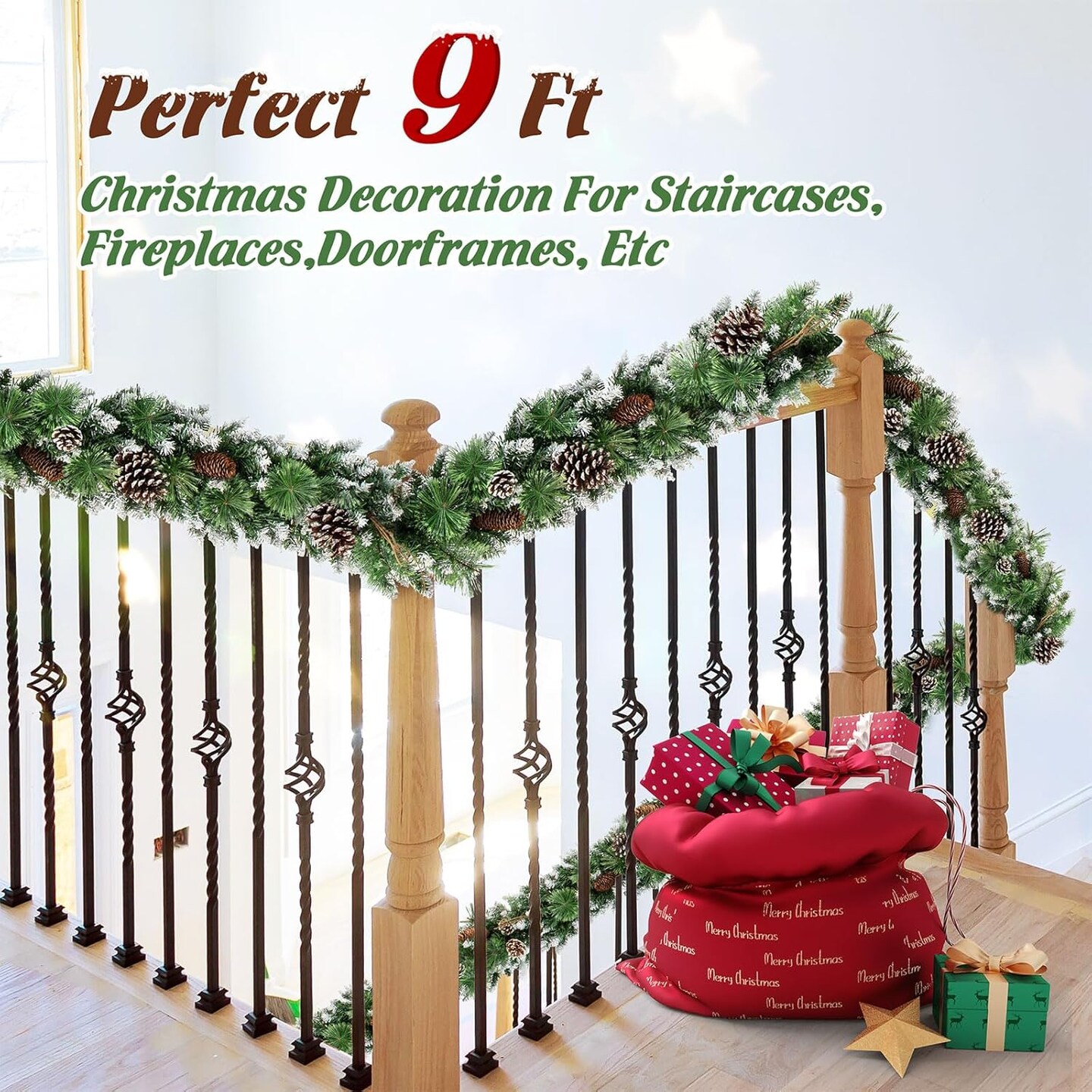 Pre-lit Christmas Garlands Xmas Decorations 8 Mode Timer Waterproof with Snowy Large Pine Cones, Long Pine Cones for Mantle Stairs Door Outdoor Decor