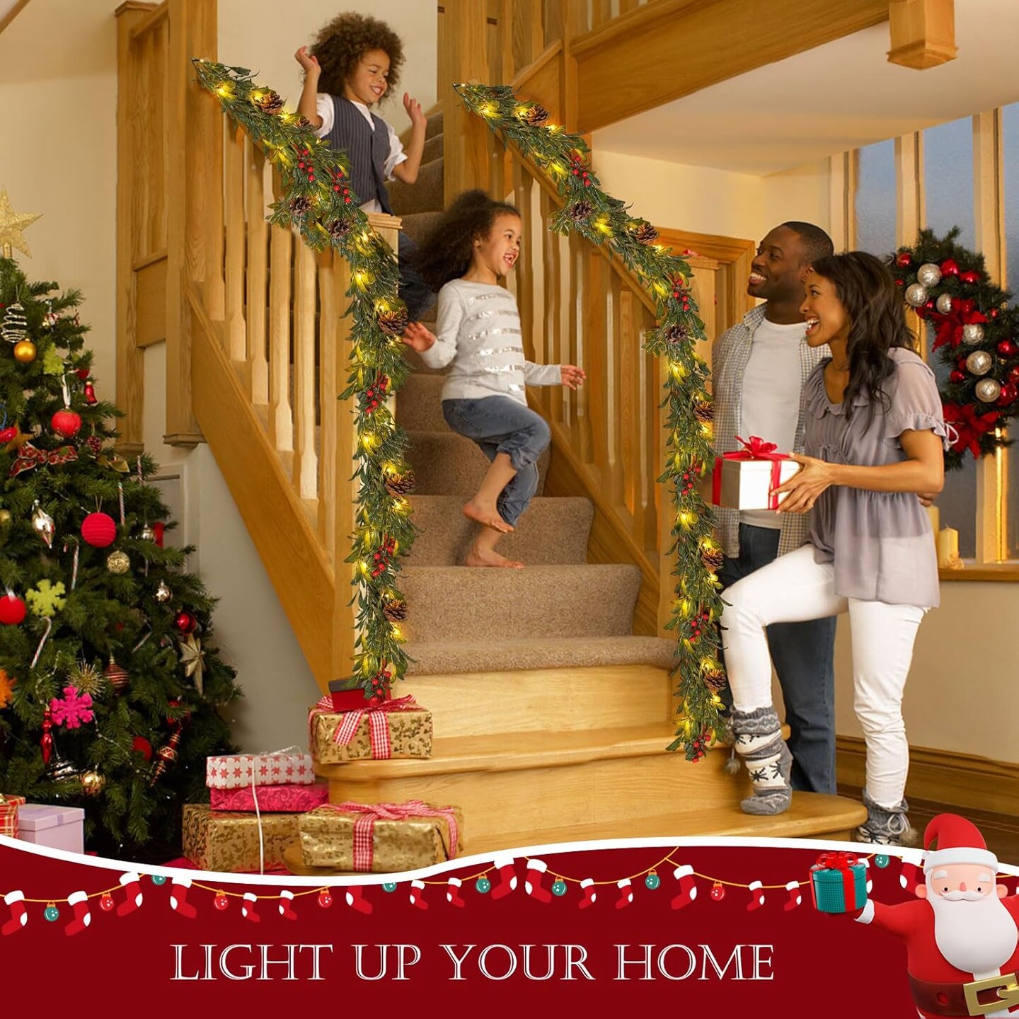 6.6FT Lighted Christmas Garland Prelit with 20 Led Lights, Flocked Garland Decorated with Pine Cones, Red Berry, Battery Operated with Timer for Mantle Stairs, Indoor Outdoor Decorations