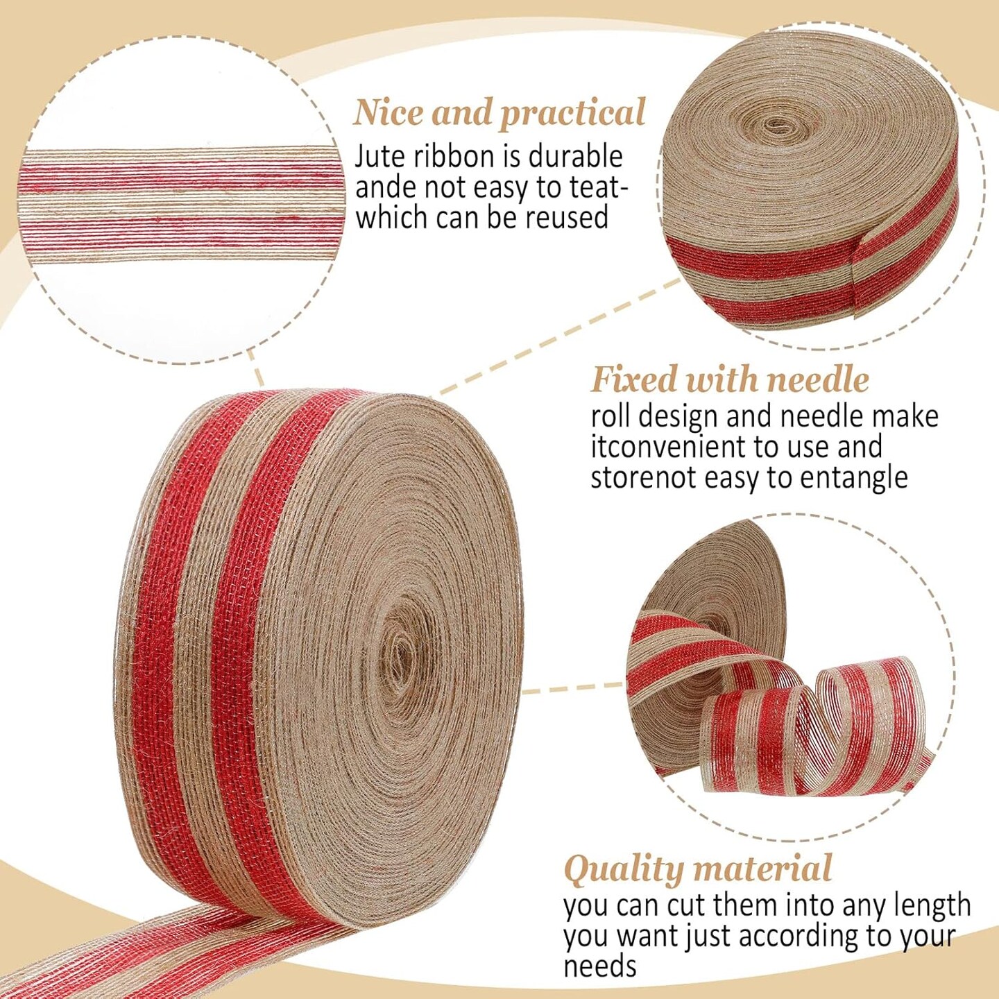98.4 Ft Christmas Burlap Ribbon Roll Red Burlap Ribbon Gunny Sack Natural Burlap Stripe Ribbon Linen Rope Ribbon for DIY Craft Wreath Christmas Tree Decoration Wedding Party Supplies (2 Inch Wide)