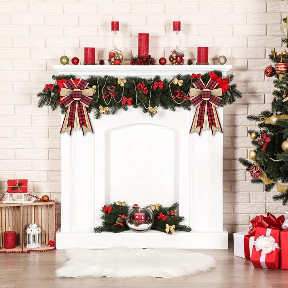 2PCS Christmas Wreath Bows, Red Black Buffalo Plaid Bows for Wreath Beige Rustic Farmhouse Bows for Front Door Winter Christmas Tree Bows for New Year Indoor Outdoor Xmas Decorations