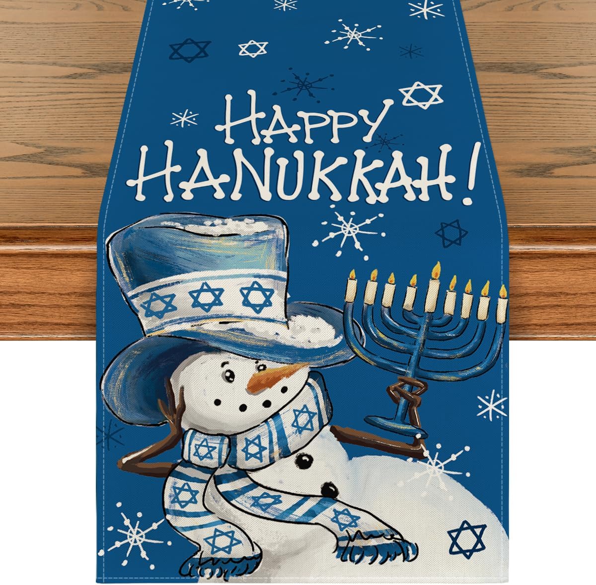 Snowman Menorah Happy Hanukkah Table Runner, Chanukah Holiday Kitchen Dining Table Decoration for Home Party Decor 13x72 Inch