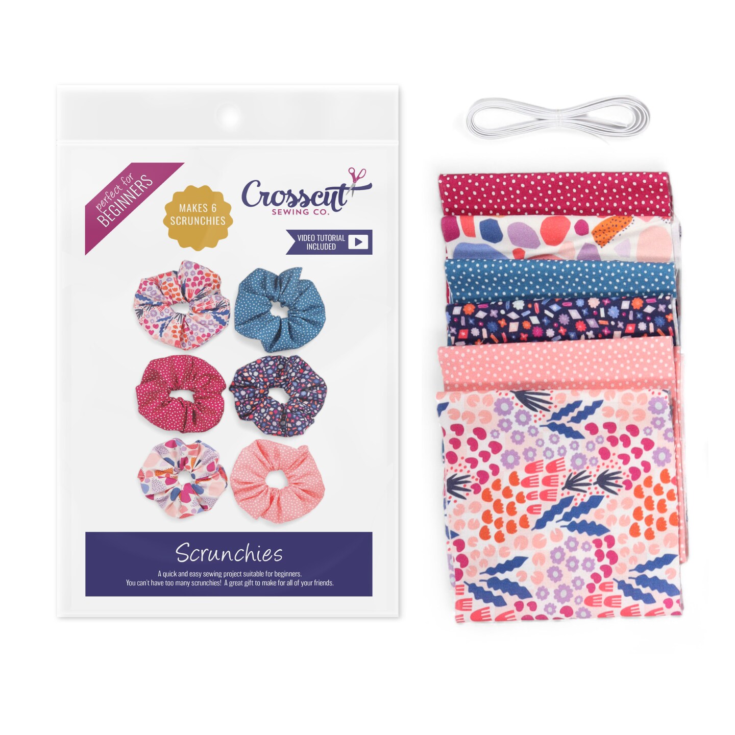 Crosscut Sewing Co.® Scrunchie Sewing Project Kit for Beginners with Fabric, Instructions and Video