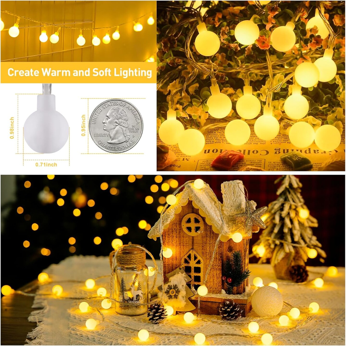 100 LED Connectable Globe String Lights Indoor Bedroom, 33ft Warm White Christmas Lights with Remote Plug in, 8Mode Hanging Fairy Lights Outdoor Waterproof for Room Dorm Christmas Decorations