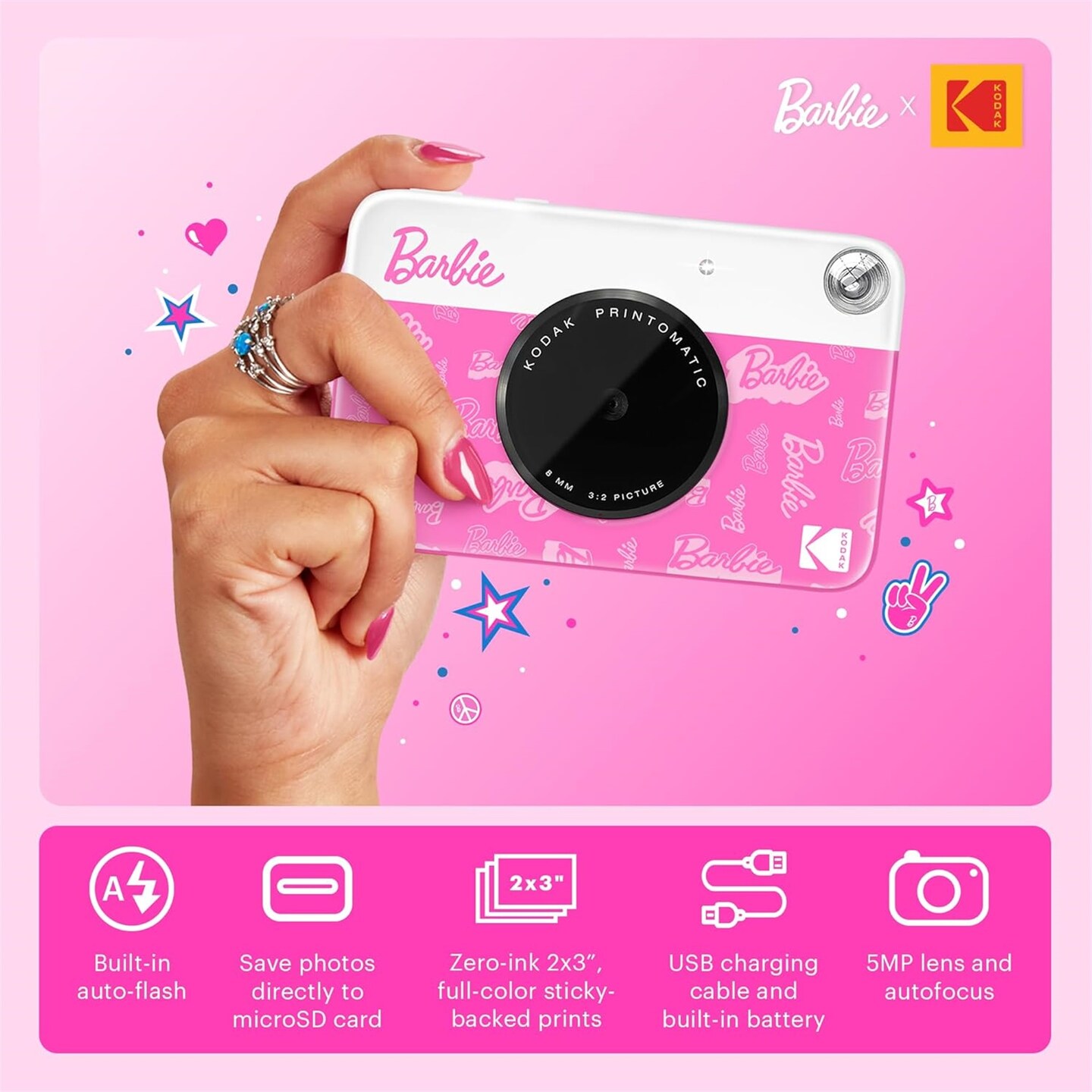 Kodak x Barbie Printomatic Instant Print Camera Signature Style, Case + Paper (20 Sheets) - Bundle