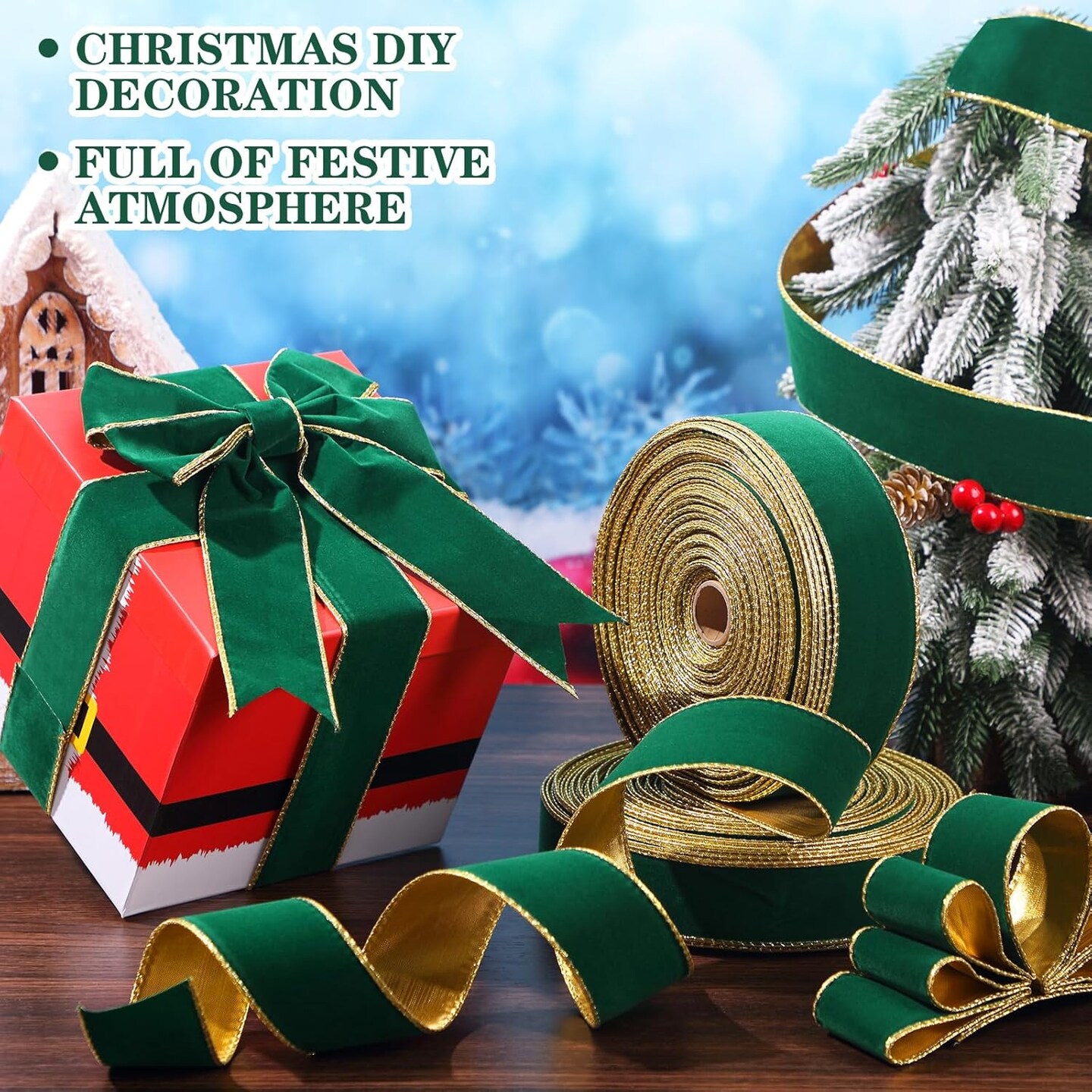 2 Rolls Christmas Velvet Ribbon Wired Gold Edge Ribbon Xmas Ribbon for Gift Wrapping Christmas Tree Wreath Bows Crafts Decor, Total 100 Yards(1.5 Inch x 50 Yard)