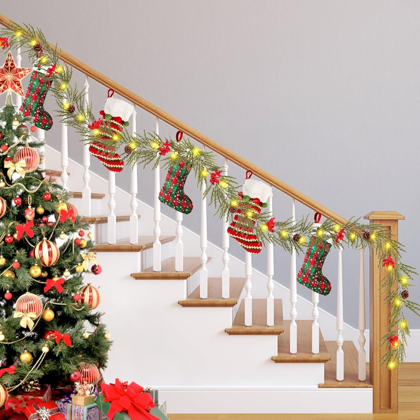 6 FT Battery Operated Artificial Greenery Garland with Timer, 20 LEDs, Pine Cones and Red Berries for Mantle, Front Door, Stairs Railing Decoration (1 Pack)