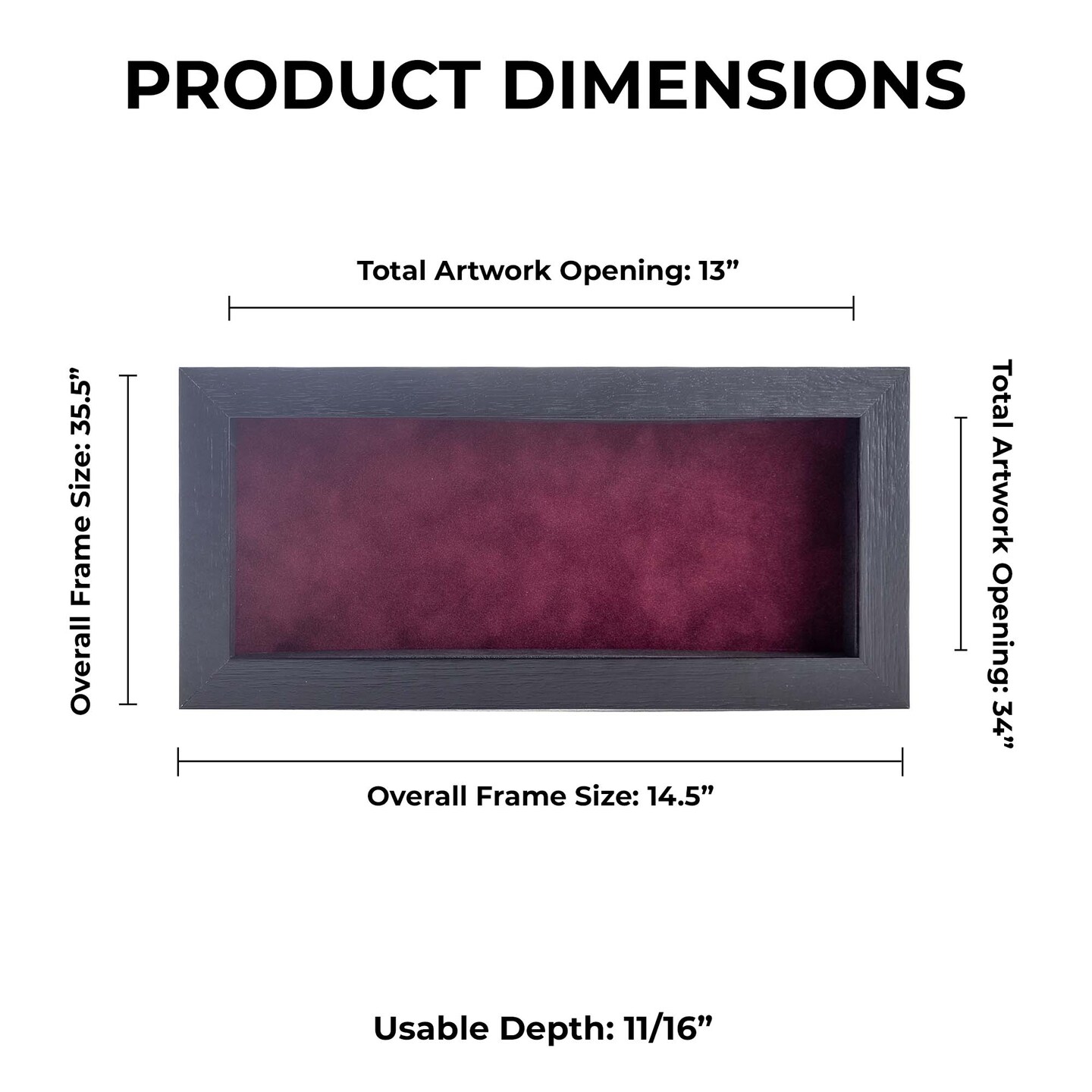 Black Wood Grain Shadow Box Frame with Acrylic Front - Dark Red Suede Backing, 30 Sizes