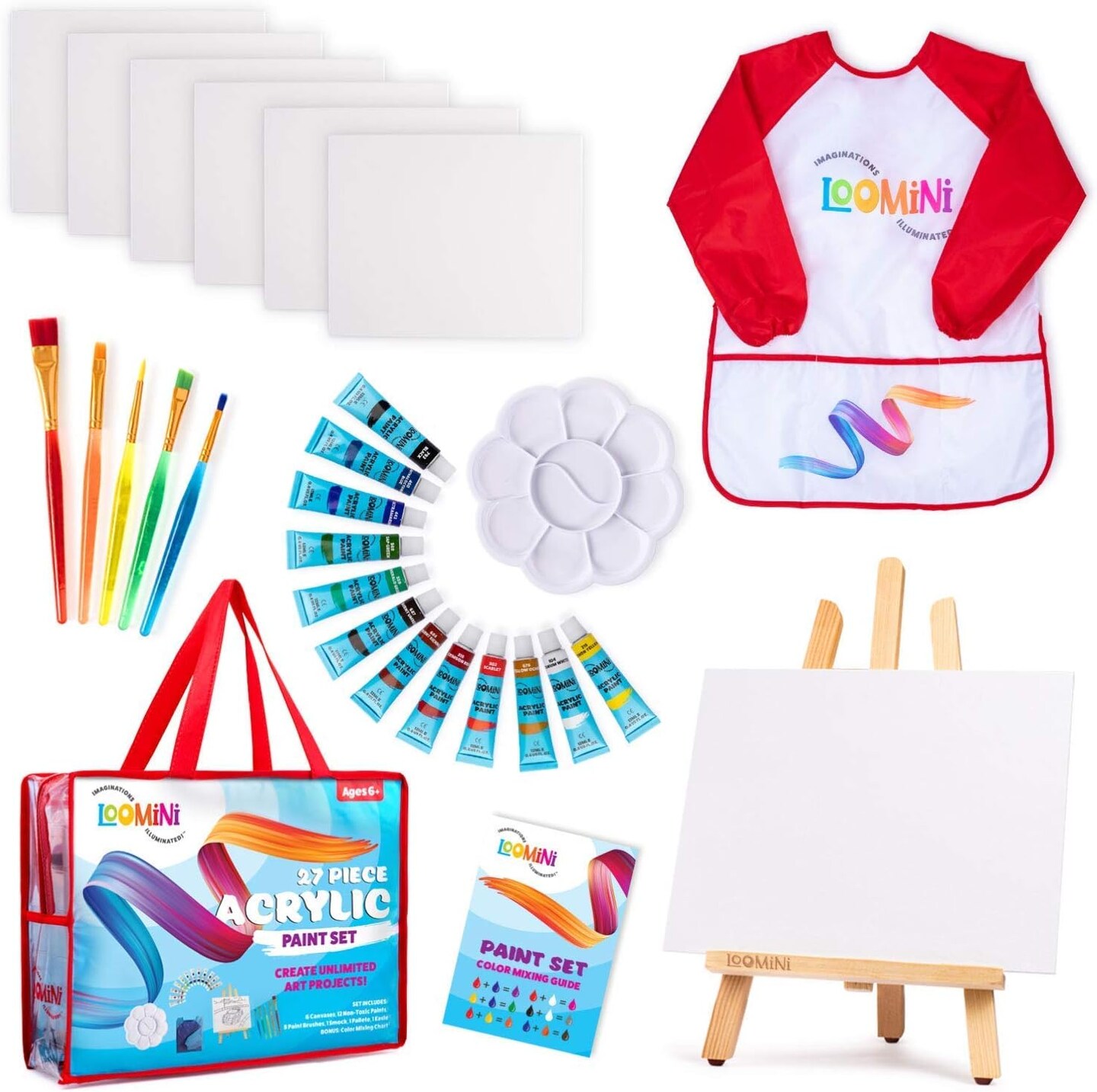 Paint Set for Kids - 27 Piece Art Kit for Girls & Boys Ages 4-10 - Non-Toxic acrylic Painting Supplies with Canvases, Brushes Easel Smock & More - Fun & Creative Gift Idea for Children