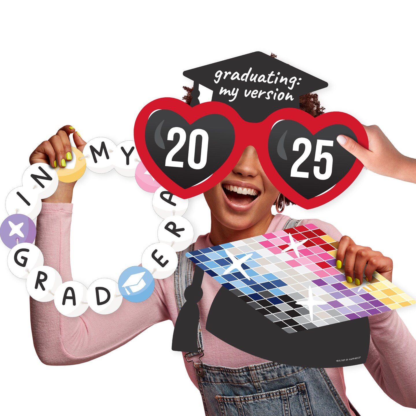 Big Dot of Happiness In My Grad Era - Grad Cap, Heart Glasses and Friendship Bracelet Decorations - Graduation Party Large Photo Props - 3 Pc