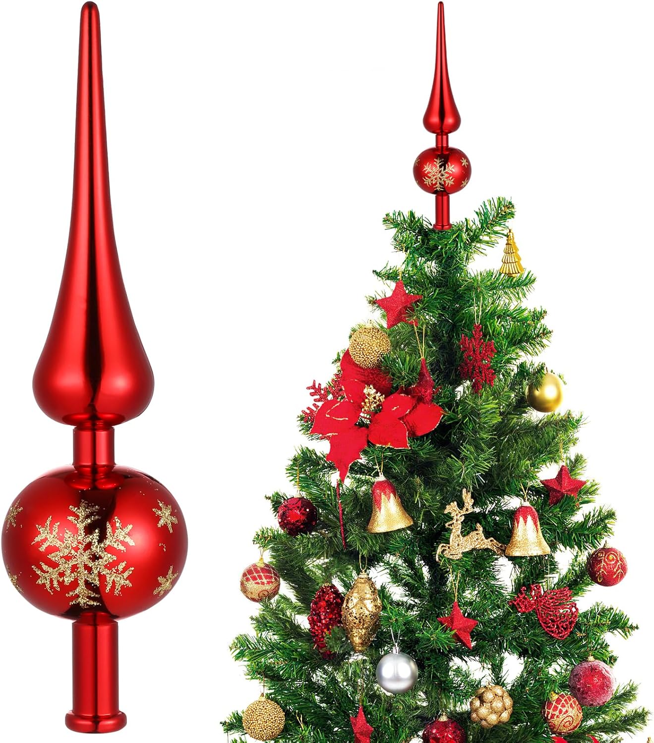 Christmas Tree Topper Plastic Christmas Tree Topper Blown Plastic Xmas Tree Finials Hand- Painted Treetop Plastic for Christmas Tree Ornaments (Red)