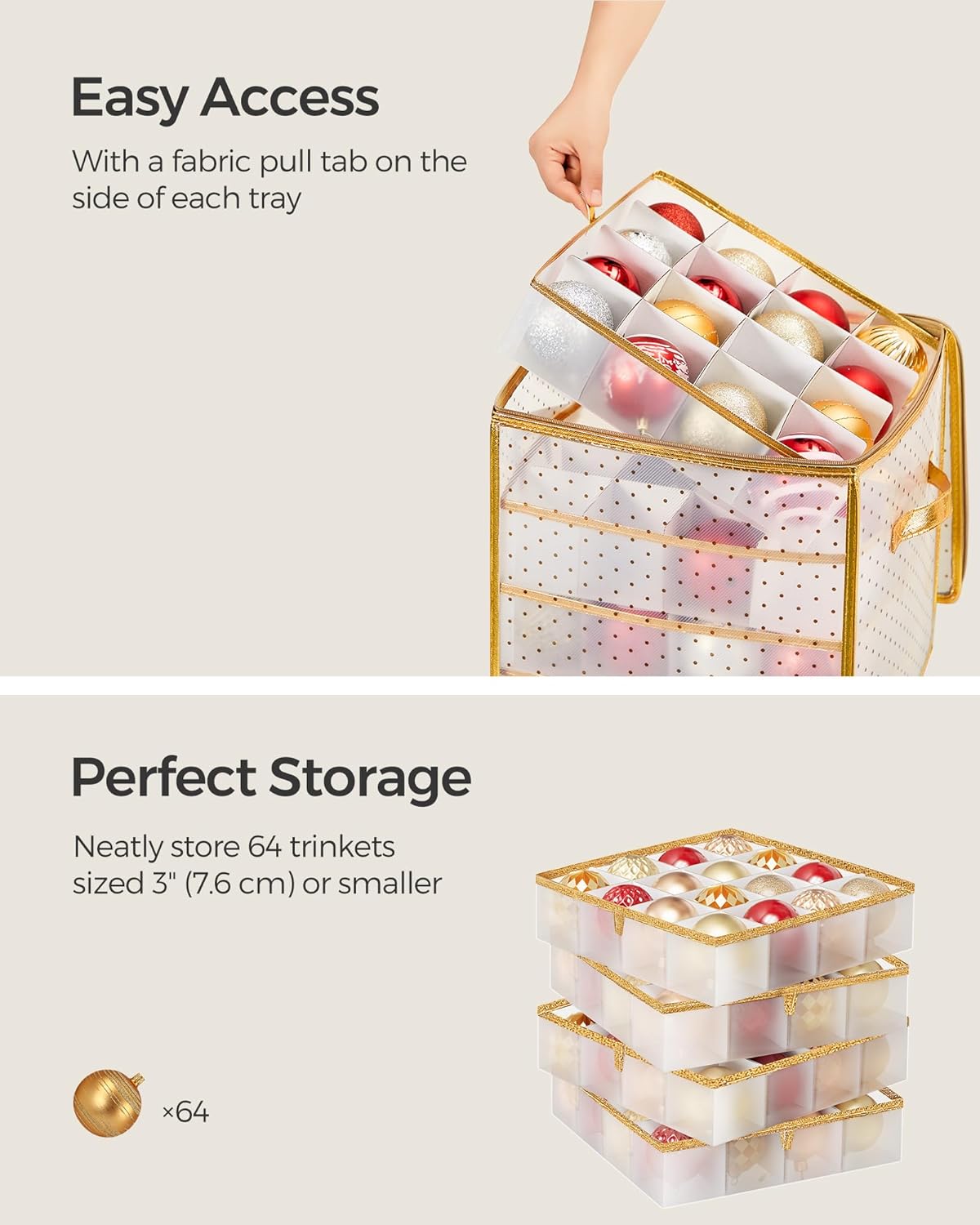 Plastic Christmas Ornament Storage Box, Christmas Ball Organizer, Holds 64 Balls up to 3-Inch, Removable Dividers, Sandy Gold URFB029A03
