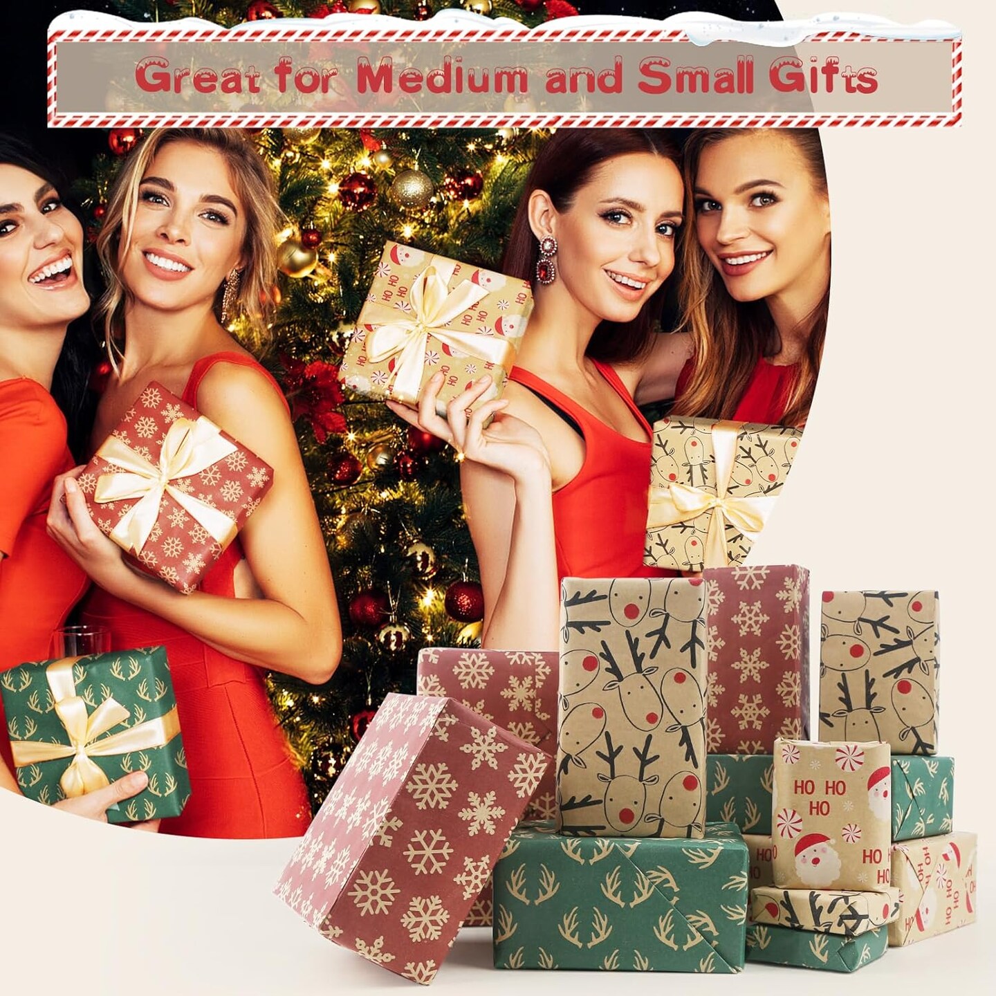 Christmas Wrapping Paper Rolls, Kraft Wrapping Paper Set - Trees, Reindeer, Snowmen and Snowflakes Pattern - 4 Rolls - 17 Inch &#xD7; 120 Inch Per Roll