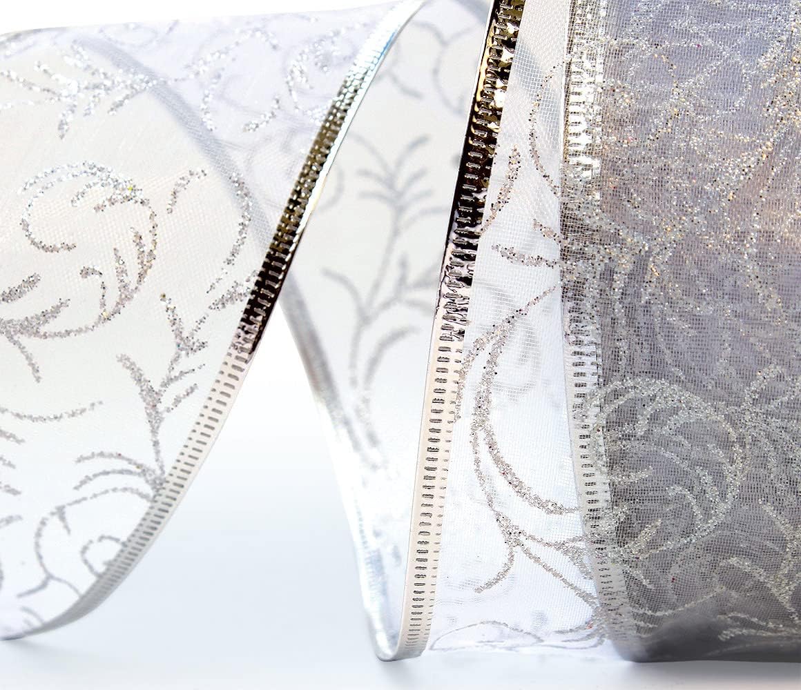 Silver Christmas Ribbon Wired Ribbons for Christmas Tree Home Decor Wire Sheer Organza Glitter with Metallic Trim for Gifts Bows Gift Wrapping, Crafts, Floral Xmas Trees 20Yd 2.5 in Wide 1 Roll Large