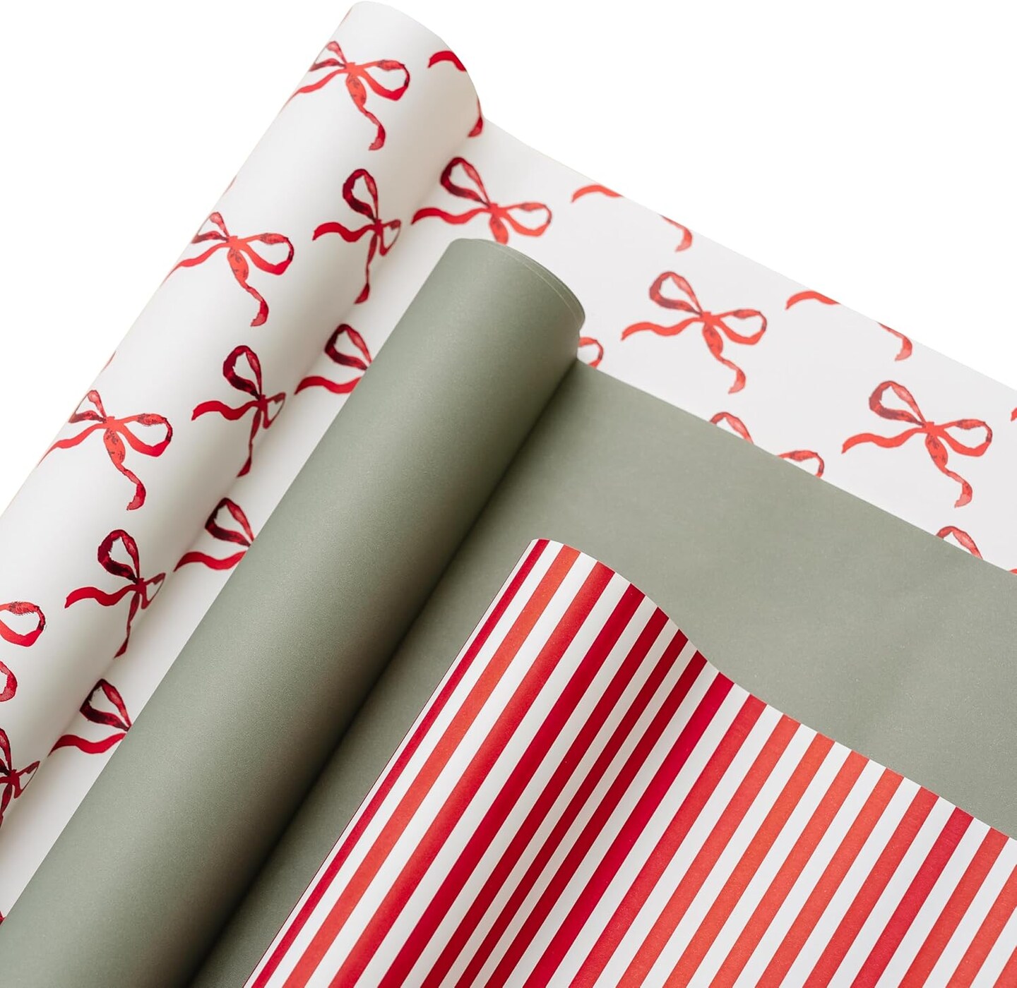 3-pack Premium Matte Christmas Wrapping Paper, Minimal Holiday Gift Wrap, Bows, Solid Mint Green and Red Stripe - 30&#x201D; x 168&#x201D; per roll, 105 square feet total