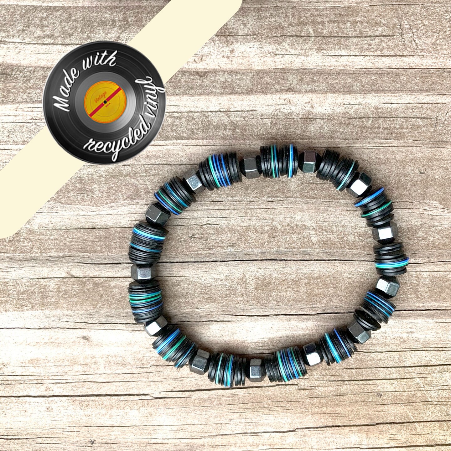 Men's recycled vinyl record beaded bracelet 308193684202323968