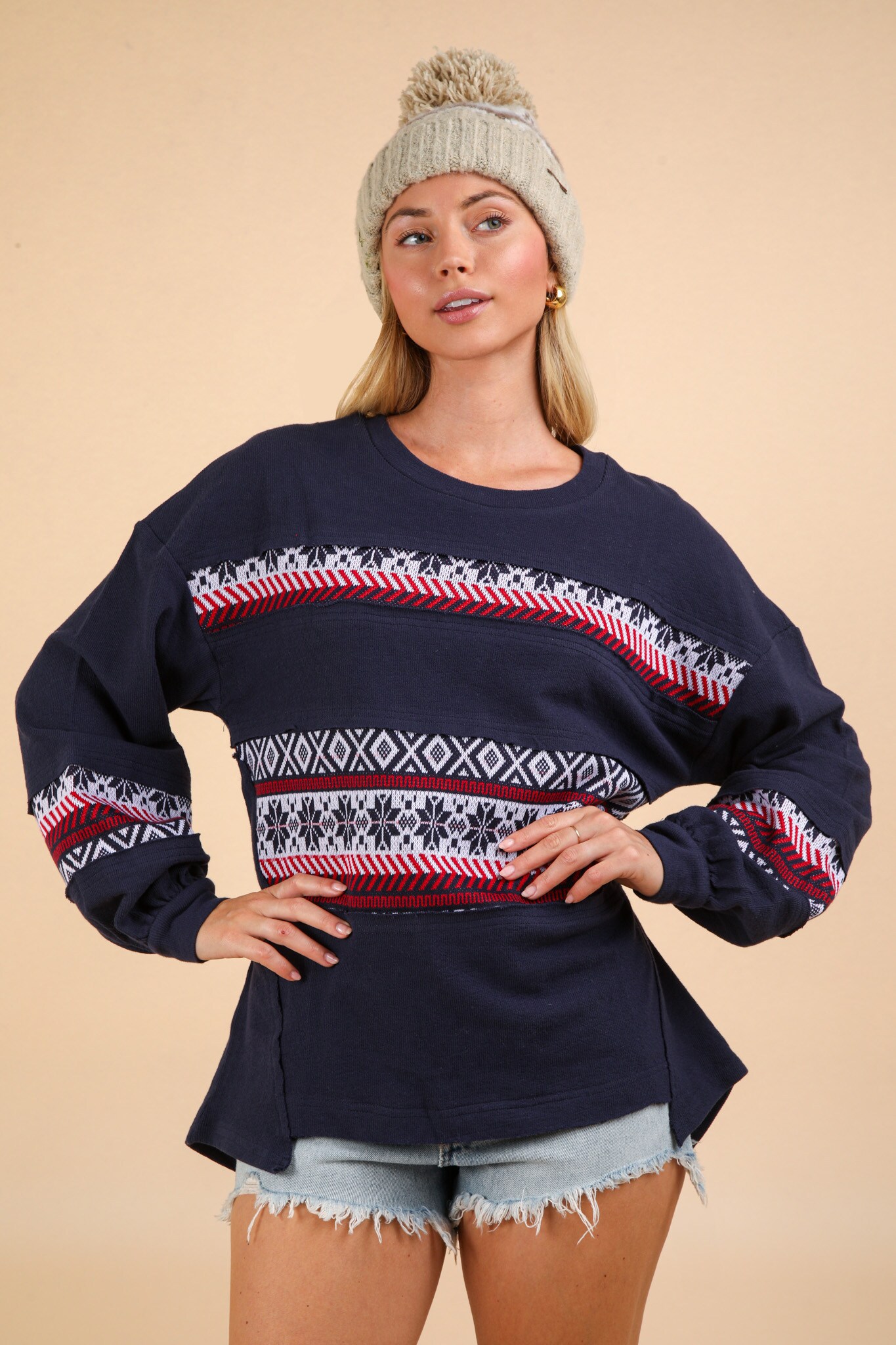 Plus Size Oversized Printed Knit Contrast Knit Top
