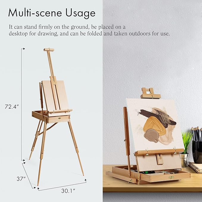 ARTIFY French Easel, Foldable Portable Art Field Easel with Artist Drawer, Palette, Hold Canvas up to 34&#x22;, Adjustable Beechwood Sketchebox Easel for Painting
