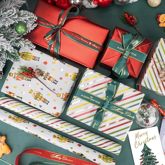 Christmas Wrapping Paper Rolls - Mini Roll, Christmas Stripes and Nutcracker Wrapping Paper Christmas, 3 Roll -17In*120In Per Roll