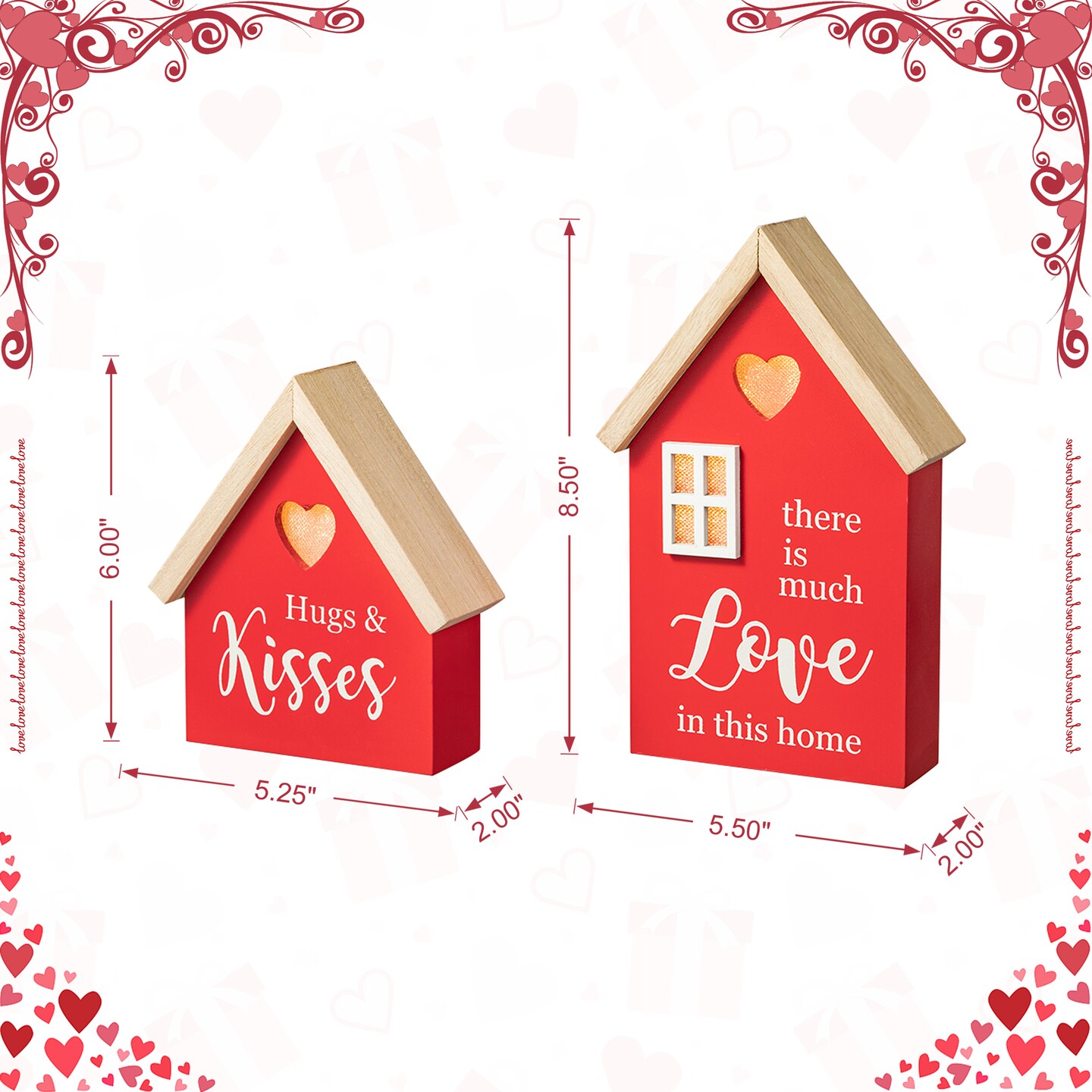 Set of 2 Lighted Valentine&#x2018;s Wooden House-shaped Table Decor