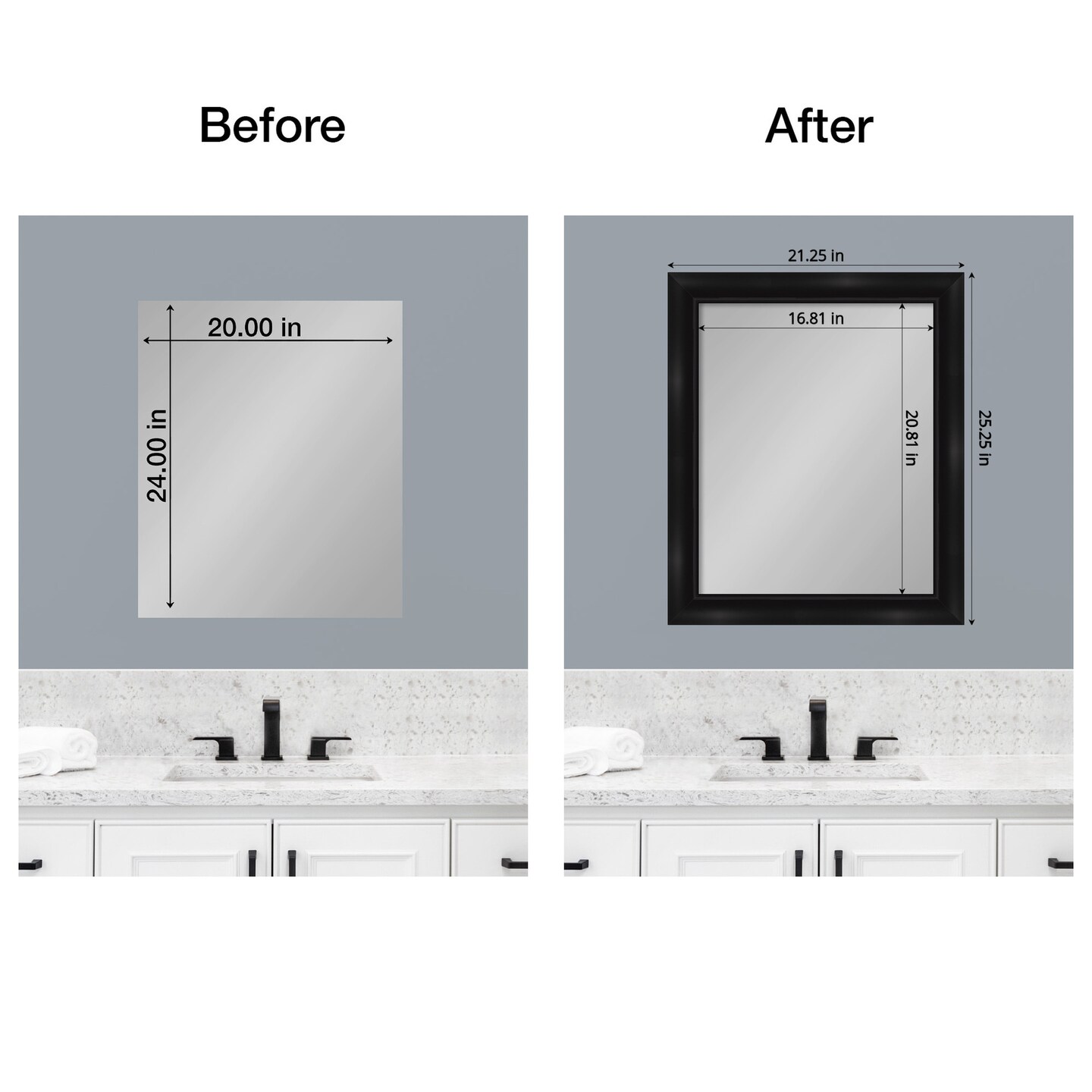 Amanti Art Mirror Makeover Bathroom Mirror Frame Border Kit - Fully Assembled Peel and Stick Frame - Mirror NOT Included - Grand Black Narrow Trim