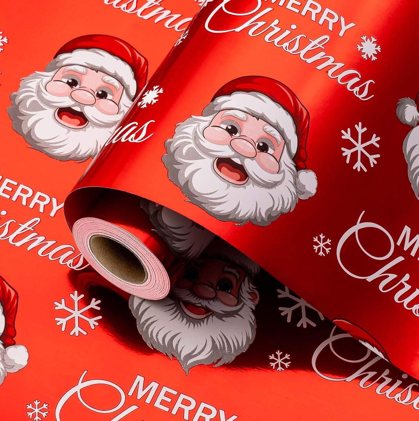 Christmas Wrapping Paper Roll - 17 Inches x 32.8 Feet Red White Metallic Foil Shine Cute Present Packing Paper - Santa Claus/Snowflakes/Merry Christmas Lettering Design
