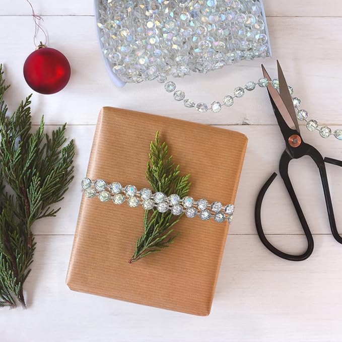 99ft Crystal Bead Garland for Christmas Tree Decorations, Iridescent Acrylic Beaded Garland Strand Roll, Hanging Christmas Decorations Indoor Home Decor, String Diamond Beads for Crafts Curtains