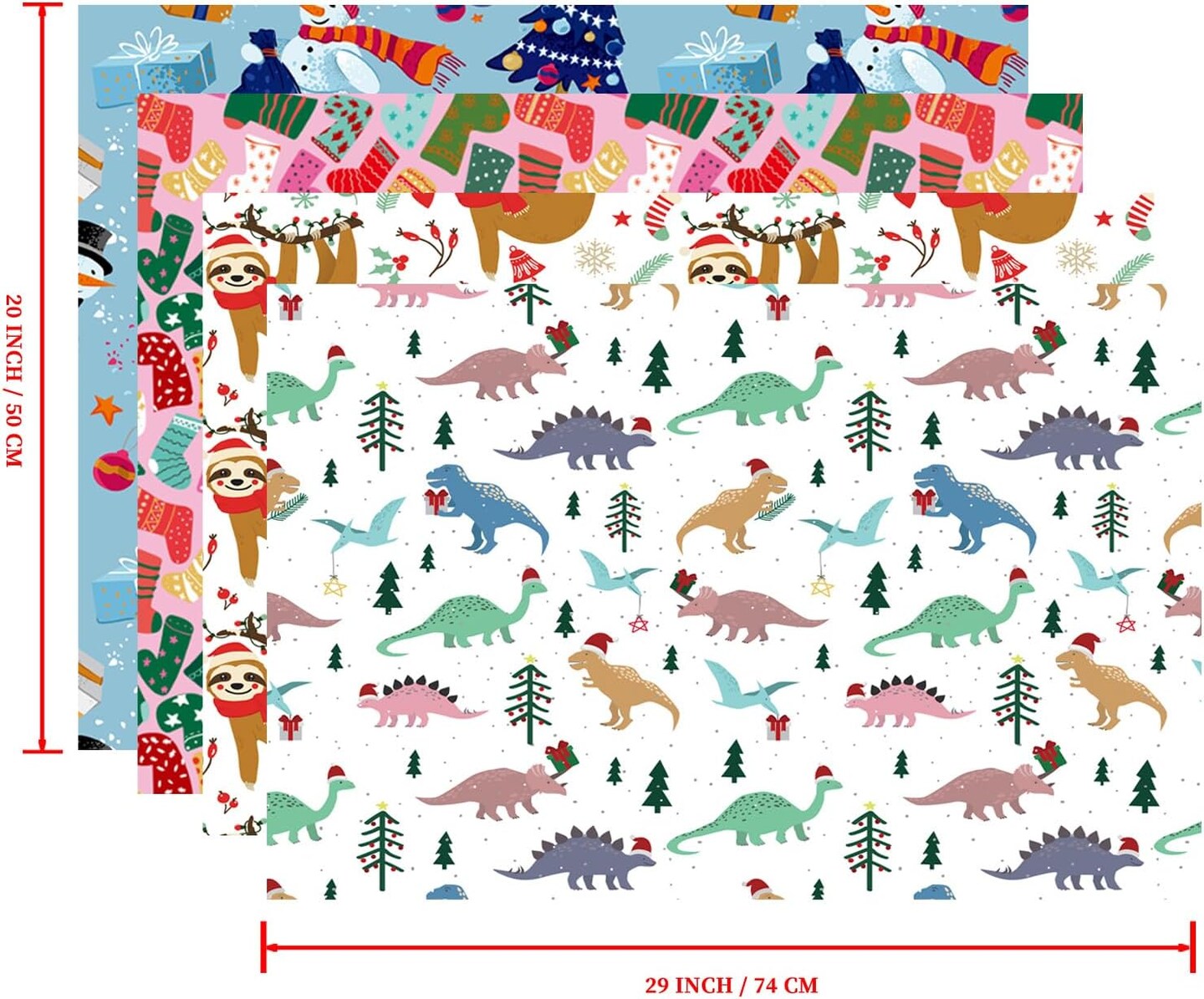 Christmas Wrapping Paper for Kids Boys Girls Baby Women Men - 12 Sheets Xmas Gift Wrap 4 Cartoon Designs Dinosaur, Sloths, Snowmen, Socks - Folded Flat, 20 Inch X 29 Inch Per Sheet