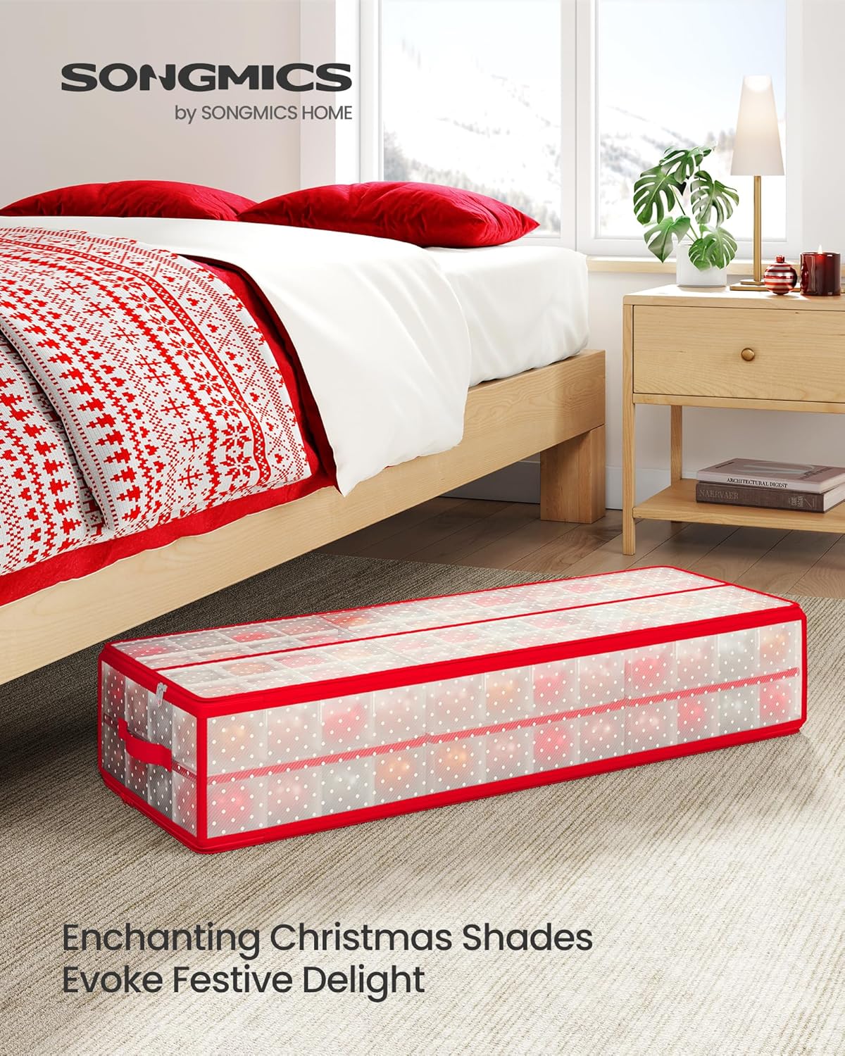 Christmas Ornament Storage Box, 96 Slots of 3 Inches, 38&#x22; L x 13.2&#x22; W x 6.9&#x22; H, Bauble Storage Box with Dividers, Zippers, Side Handles, Under the Bed, Cherry Red URFB031T02