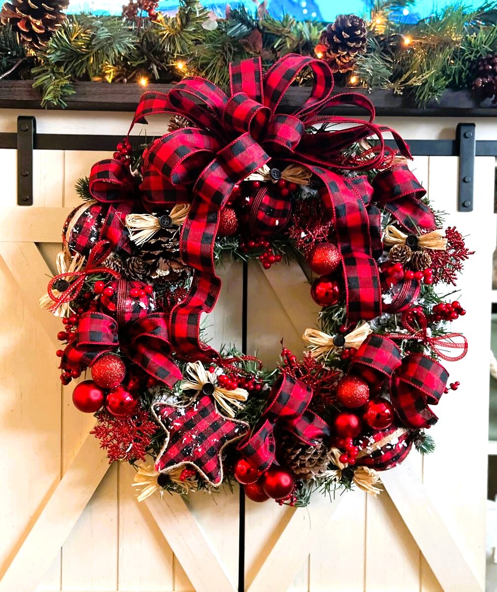 Buffalo Check Christmas Wreath, Plaid, Red Black Woodland, Farmhouse Holiday Wreath, Winter Wreath Holiday Decor Christmas Front Door Wreath