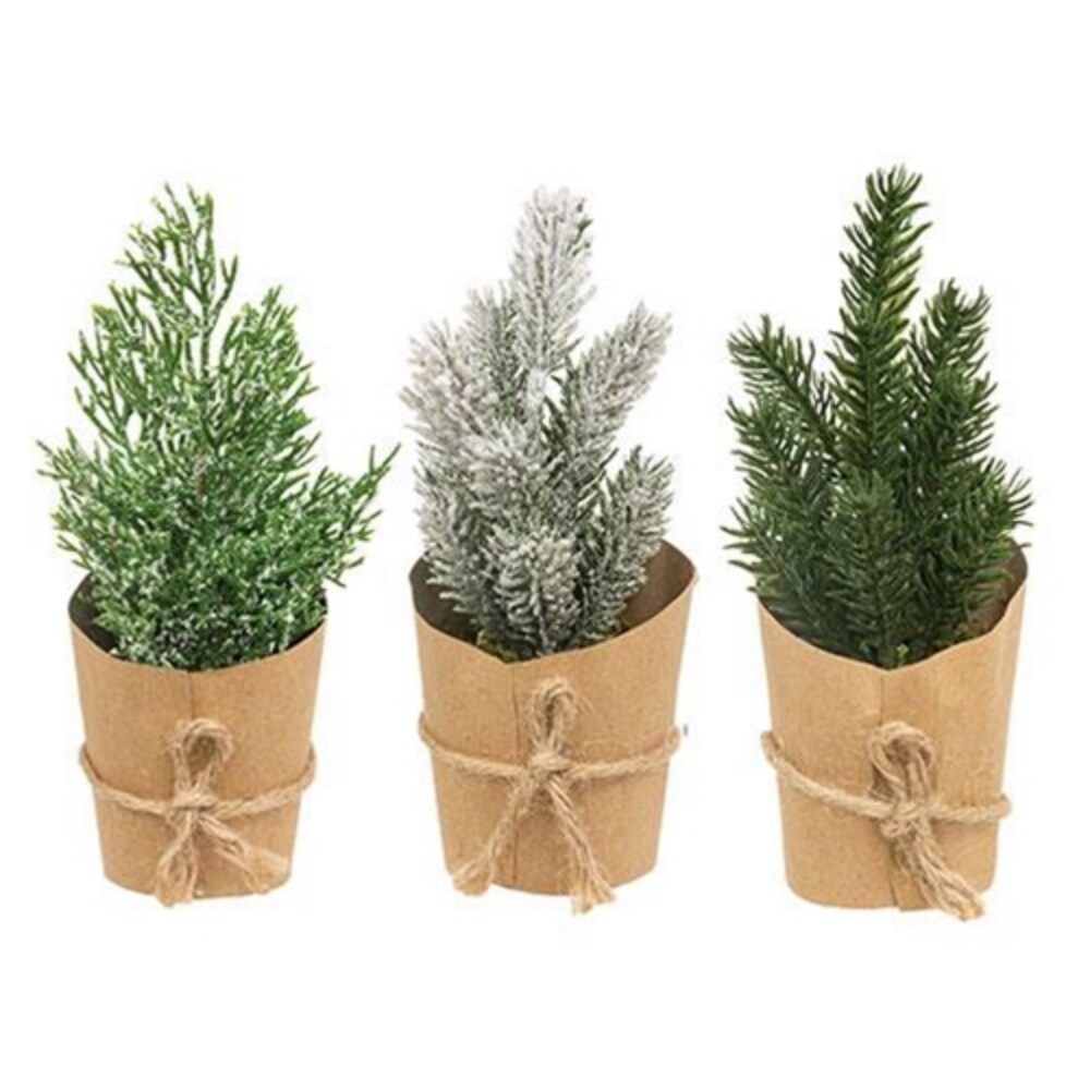 Brown Paper Wrapped Mini Christmas Tree 3 Asstd. with Jute Tie