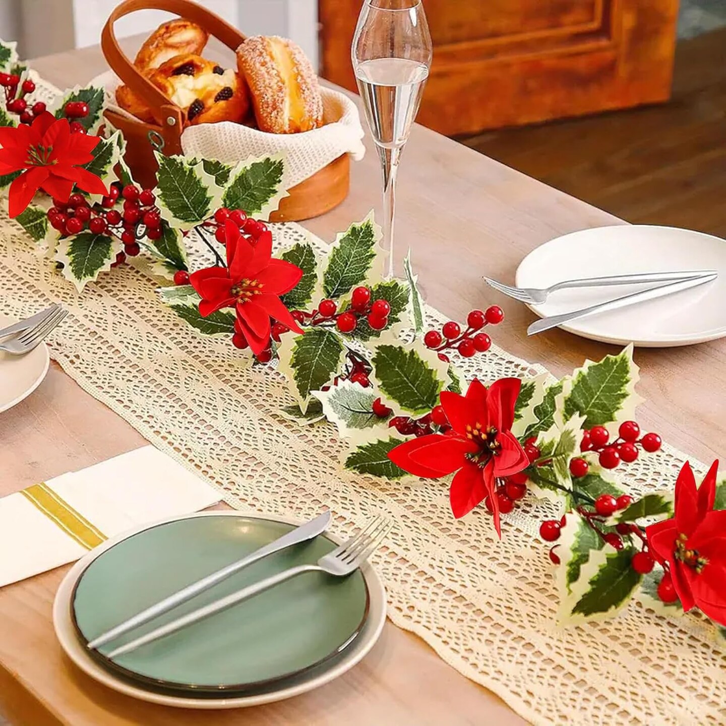 2pcs Christmas Garland with 20 LED Lights-6.5Ft Garland Christmas Decorations Indoor Multiple Mode Poinsettia Holly Per-Lit Christmas Garlands Battery Operated Garland for Mantel Stair Fireplace