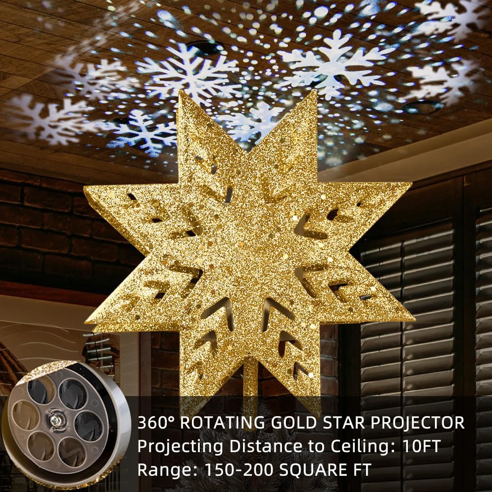 Christmas Tree Topper, 8" Gold Christmas Tree Star with Projector Lights, 8-Pointed Lighted Star Tree Topper, White Snowflake Projection Tree Toppers Christmas Decorations for Xmas Tree