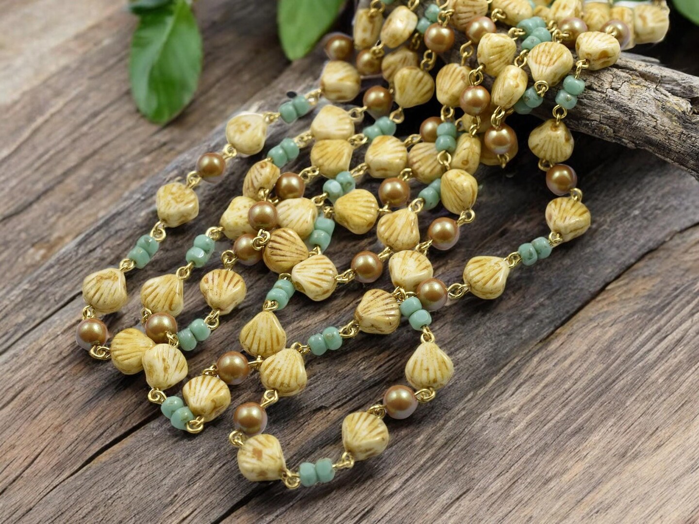 Alabaster Travertine Sea Shell Beaded Chain - Sold by the foot