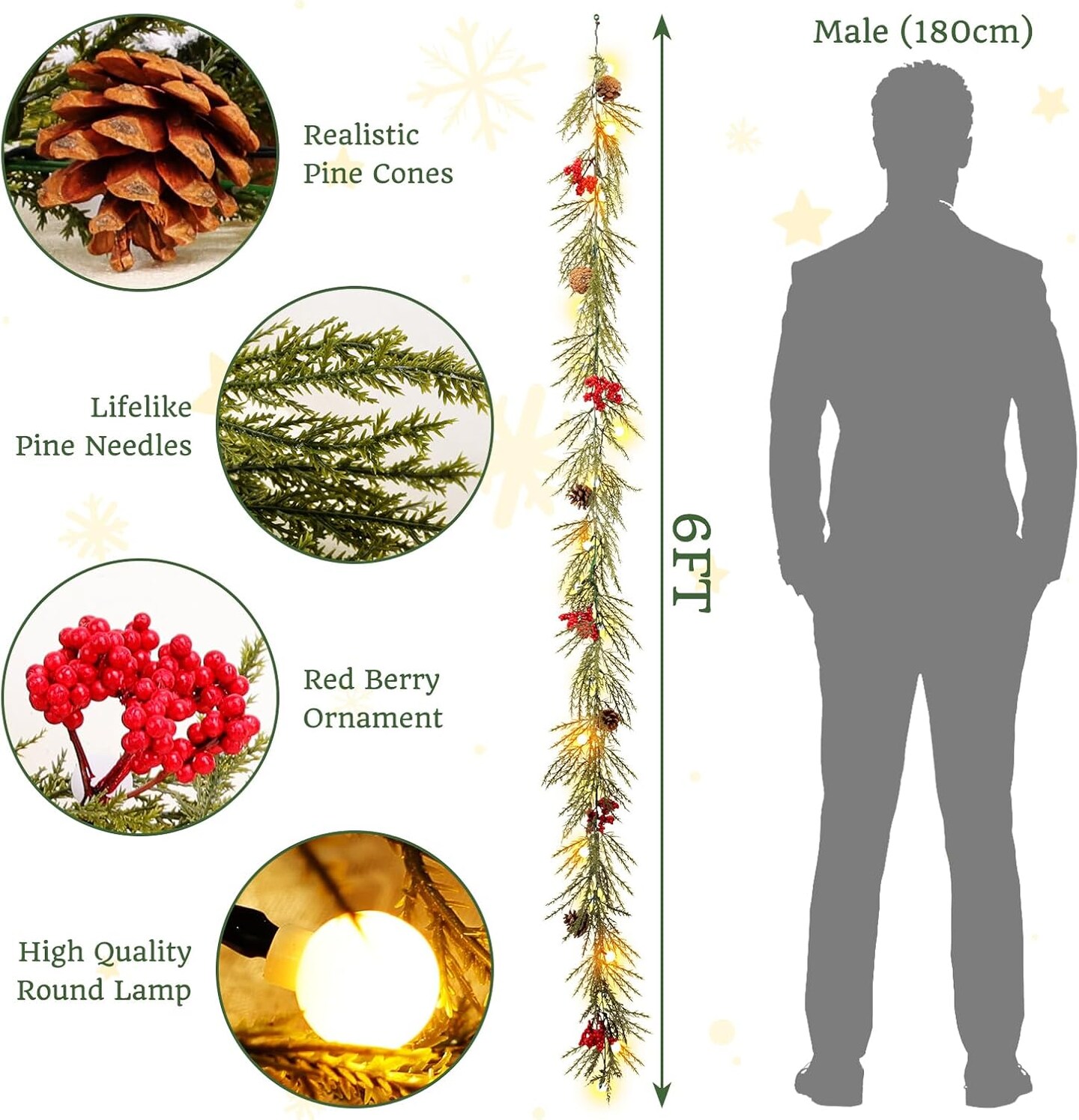 Christmas Garland with Lights, 6FT Artificial Red Berry Xmas Garland and Pinecones, Battery Operated with 20 Globe LEDs for Mantle, Front Door, Stairs Railing, Home Holiday, Indoor, Outdoor Decor