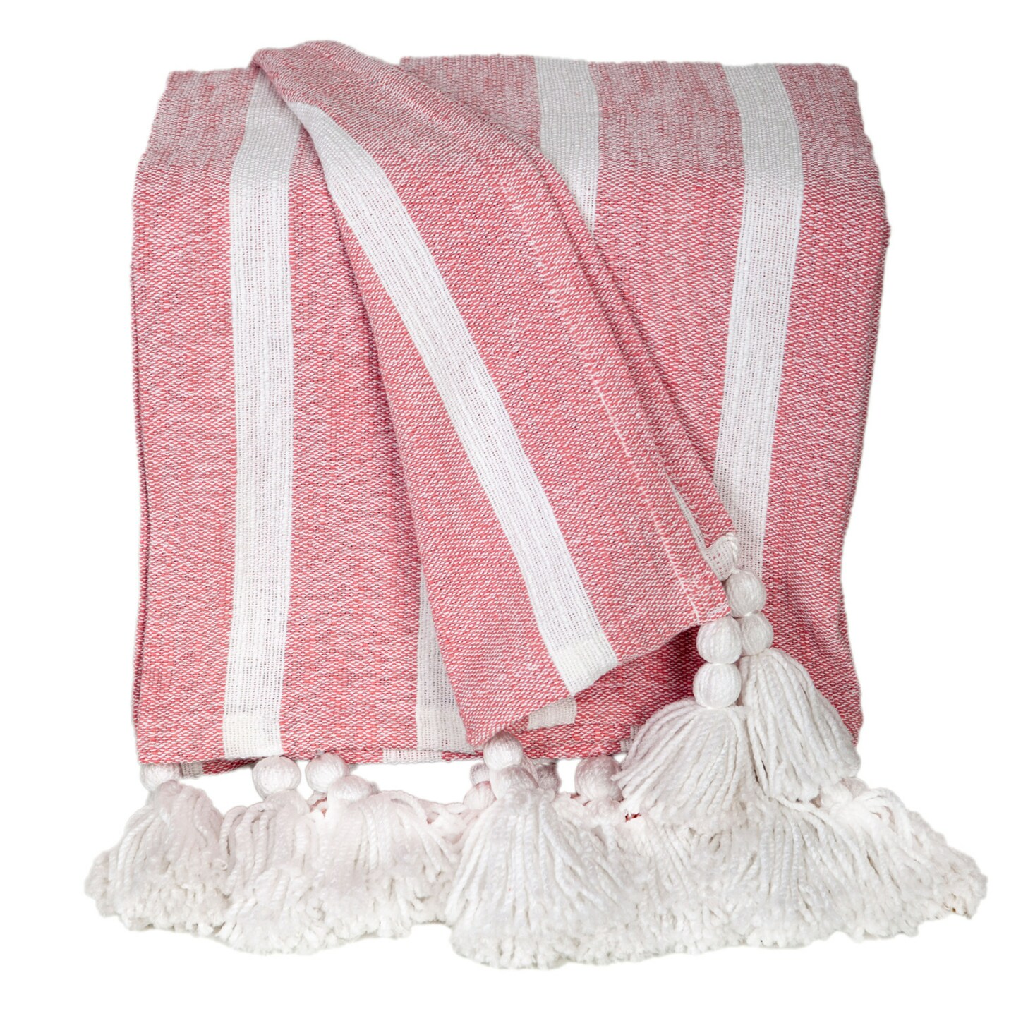 Nassau Collection Striped Cotton Throw Blanket with Tassels - 50" x 60" - Pink and White