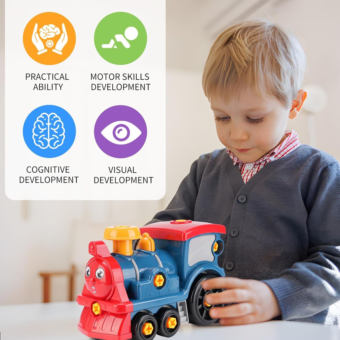 Toy Train with Electric Motor, Battery Operated Train Toys for Toddlers, Take Apart Locomotive Toys with Electric Drill, Kids Gift for Girls, Boys Ages 3+