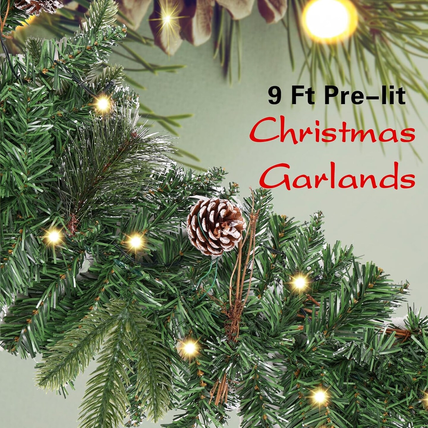 9 Ft Prelit Artificial Christmas Garlands with 50 Lights Battery Operated Timer 8 Modes, 226 PCS Garland Christmas Decoration with Pine Cone Outdoor Indoor Mantle Stair Decor