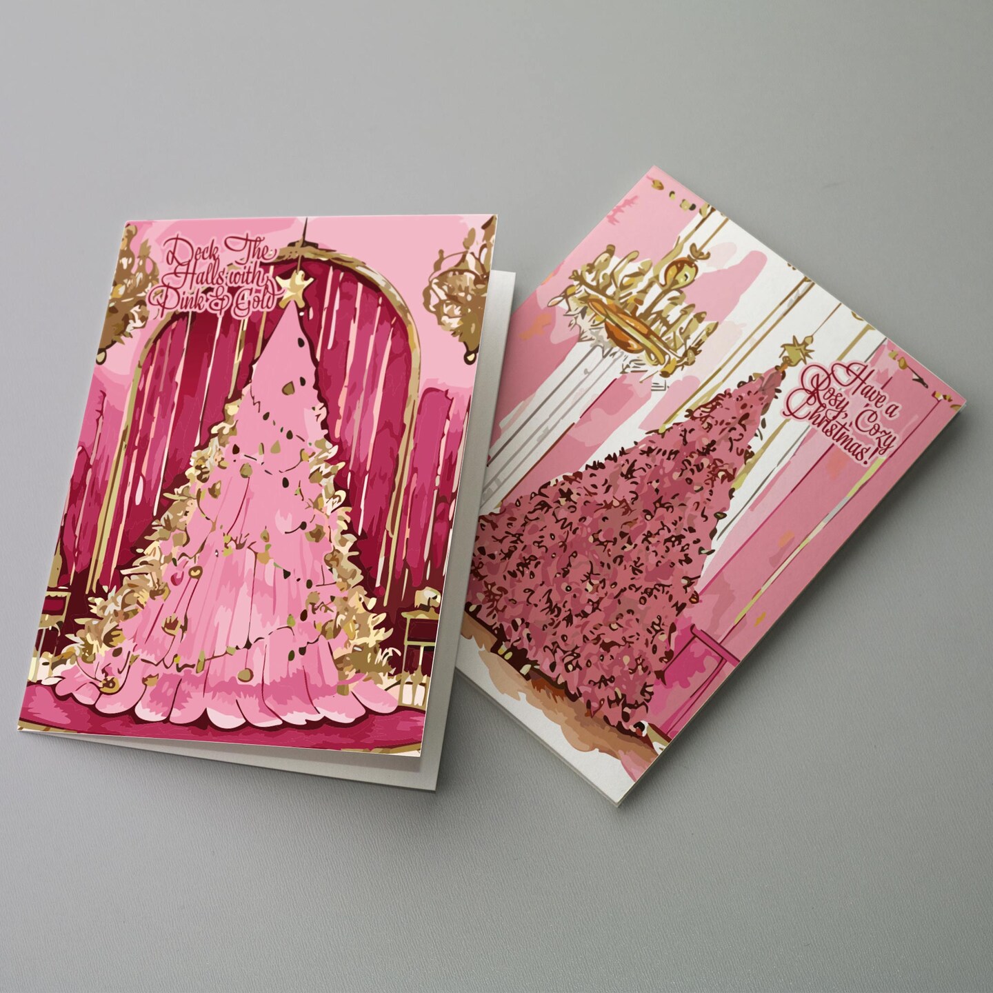 Pink and Gold Christmas Greeting Cards &#x2013; Boxed Set of 24 Glamorous Holiday Notecards Featuring Lavish Christmas Tree Designs, Blank Inside with Envelopes Included