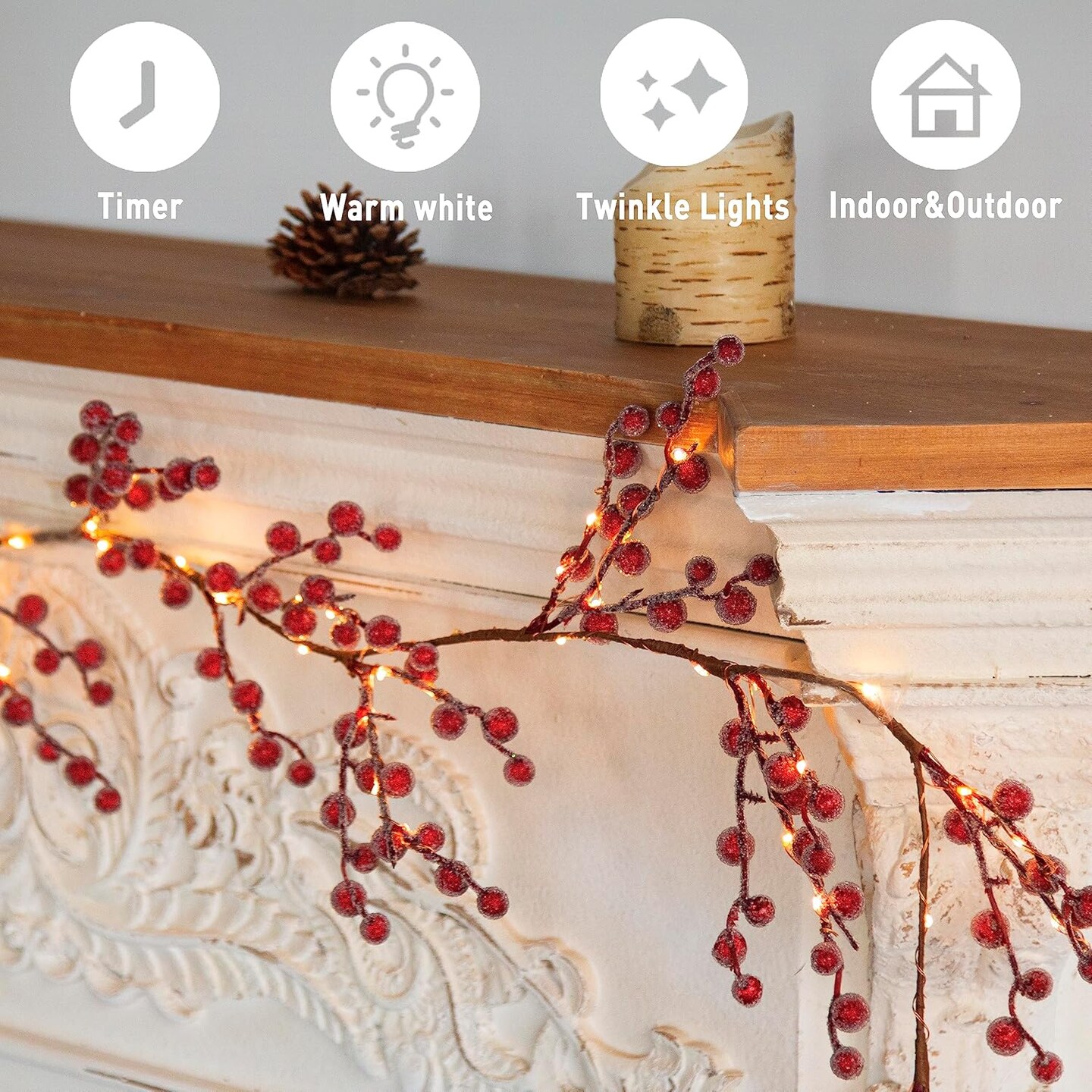 Lighted Red Berry Garland, 6 FT 88 LED Christmas Garland with Warm White Lighs, Battery Operated Garland with Timer Christmas Decorations for Fireplace Mantle Mantel Indoor Outdoor Use